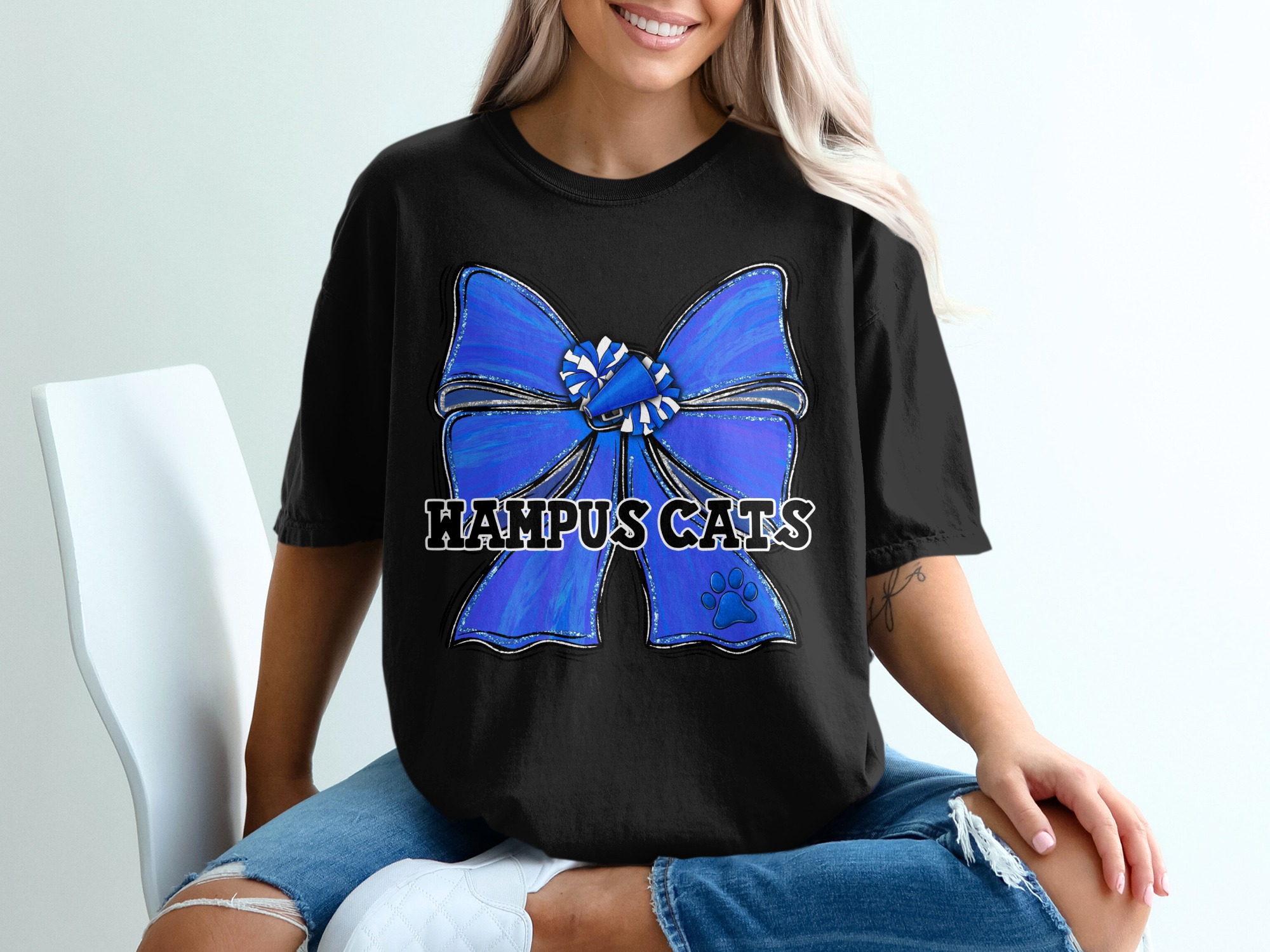 Wampus Cats T-Shirt, Blue Cheer Bow Megaphone Paw Print, School Spirit Team Fan Game Day T-Shirt, Unique Mascot Supporter Gift - Image 2