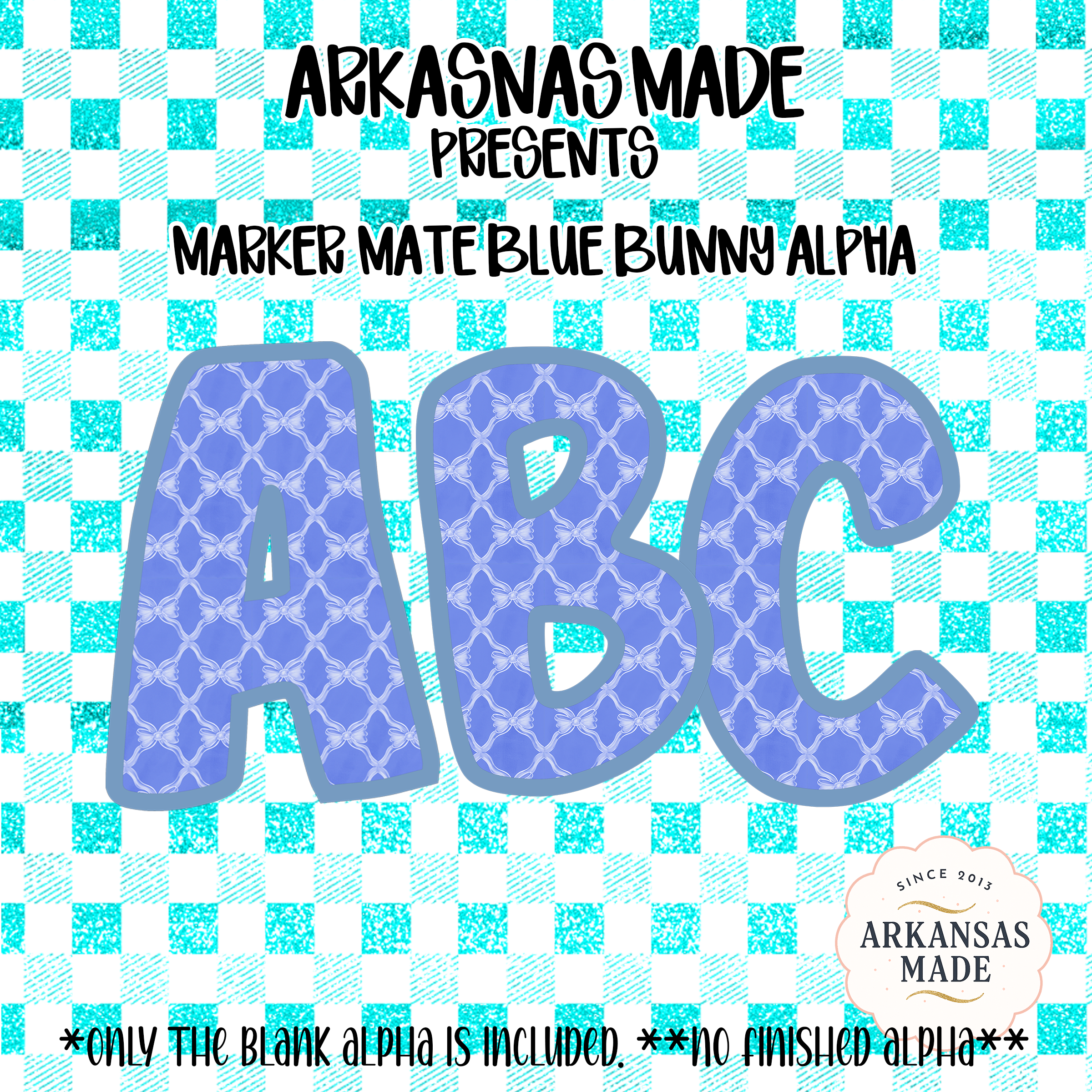 Marker Mate Blue Bunny Alpha PNG, Digital Download Sublimation DTF Alphabet, Bow Pattern Letters, Gingham Design