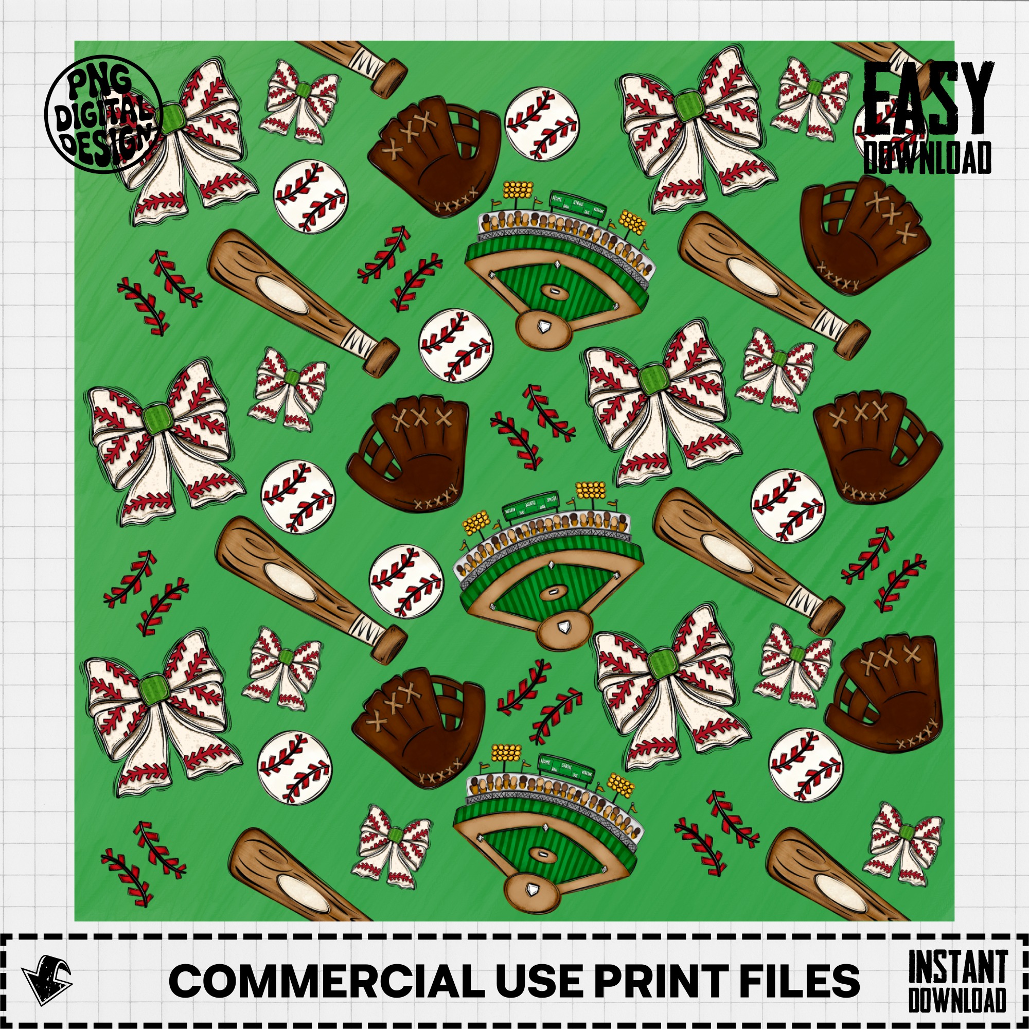 Baseball Bow Digital Paper, Seamless Pattern, Game Day Background, Digital Download PNG, Scrapbooking, Sport Theme, Field, Bat, Glove, Ball - Image 2