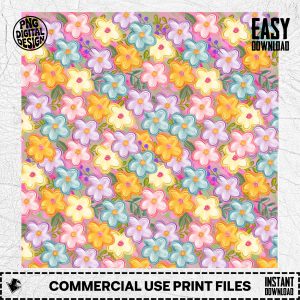 Whimsical Floral Digital Paper, Pastel Flower Seamless Pattern, Colorful Bloom PNG Download, Vibrant Spring Craft Background, Scrapbook Art