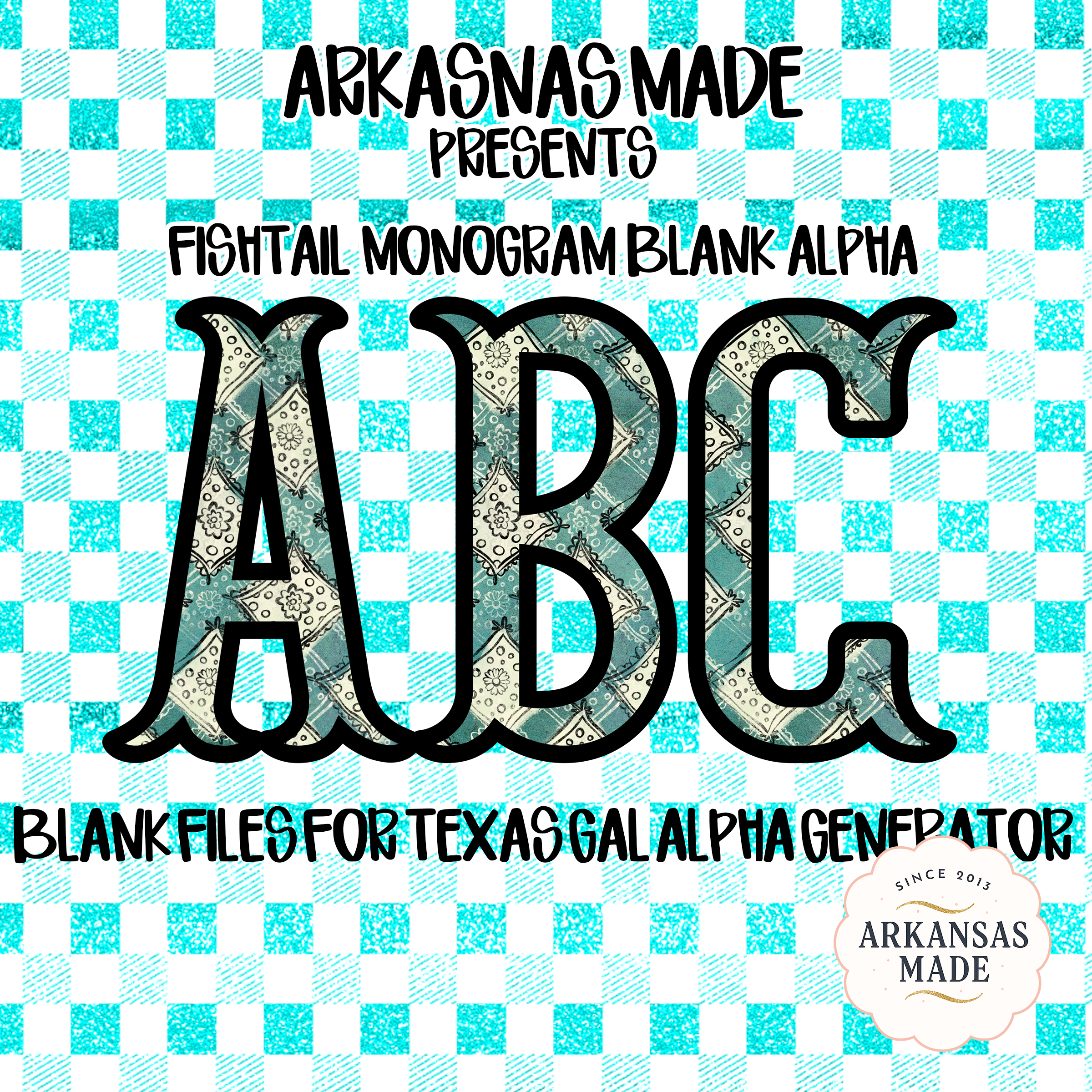 Turquoise Gingham Fishtail Monogram Blank Alpha Set, Paisley Letters, Digital Download Sublimation DTF PNG Files, ABC Font