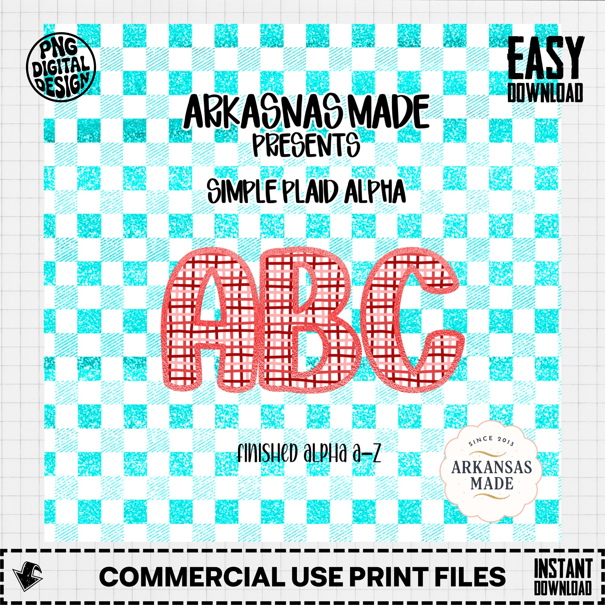 Red Plaid Alphabet PNG Alpha, Full A-Z Letters, Teal Glitter Checkered Digital Download, Craft Supplies, Printable ABC Set, Instant Download - Image 2