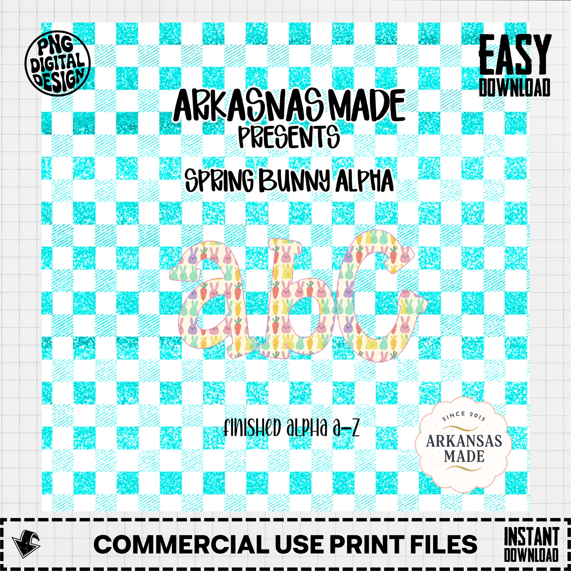 Spring Bunny Alphabet PNG Alpha, Easter Letters Digital Download, Gingham Check Seamless Pattern, Cute Rabbit Carrot Design, Full A Z Set - Image 2