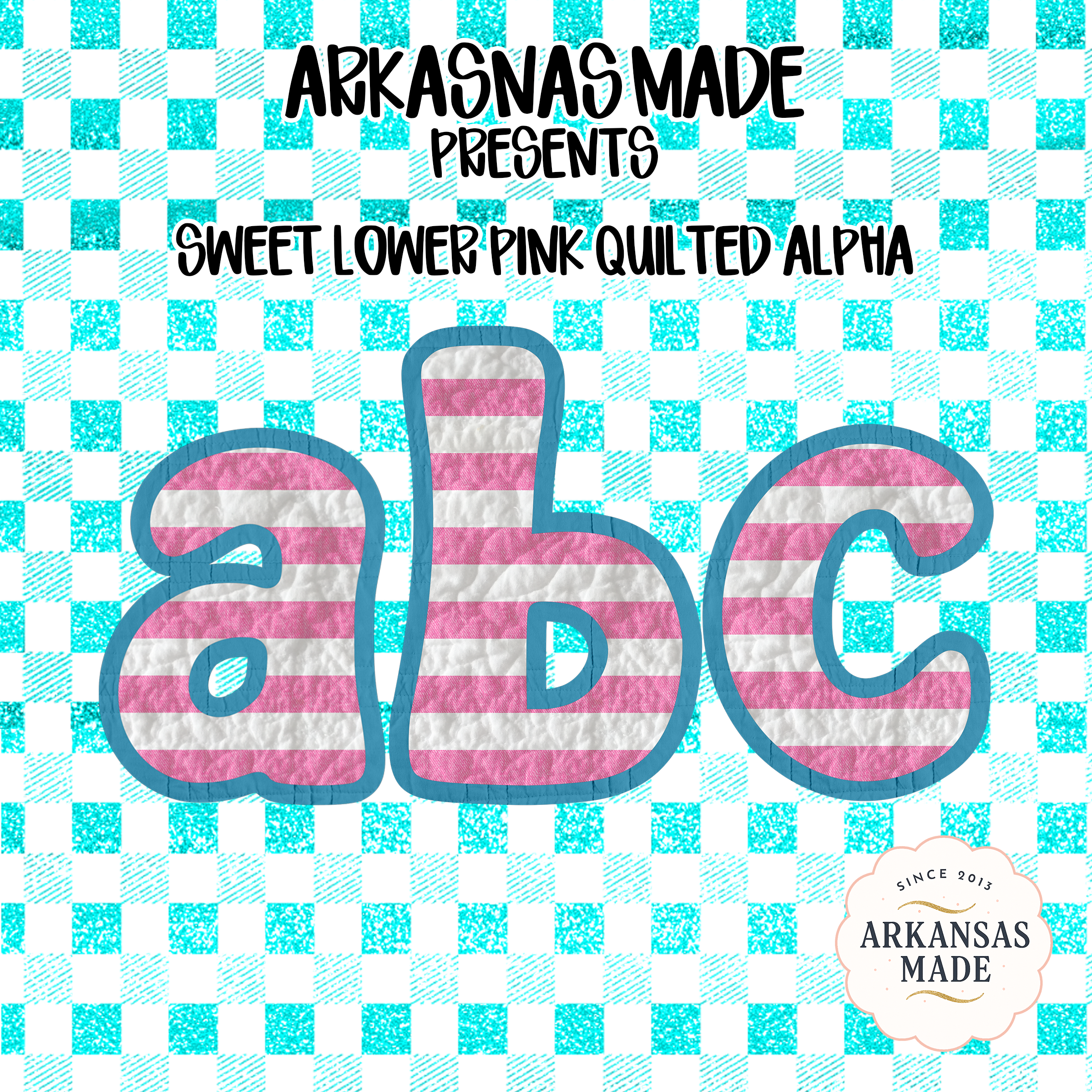 Sweet Pink Quilted Lowercase Alpha, Digital Download Sublimation DTF Alpha PNGs, Striped Letters, Blue Outline