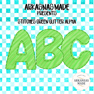 Stitches Green Glitter Alphabet PNG, Digital Download Sublimation DTF Alpha Letters, Plaid Gingham Background Alpha Pack, Instant Download