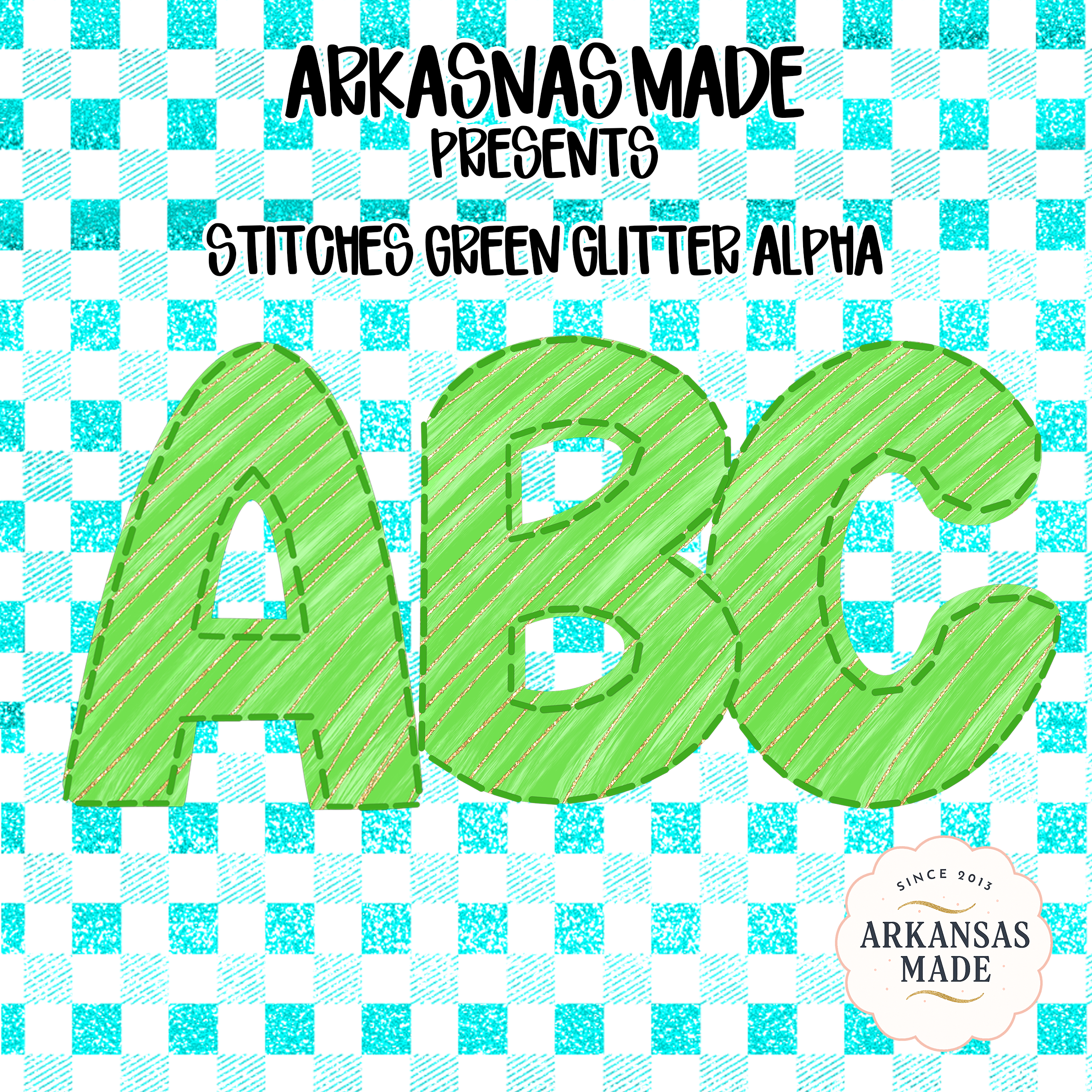 Stitches Green Glitter Alphabet PNG, Digital Download Sublimation DTF Alpha Letters, Plaid Gingham Background Alpha Pack, Instant Download