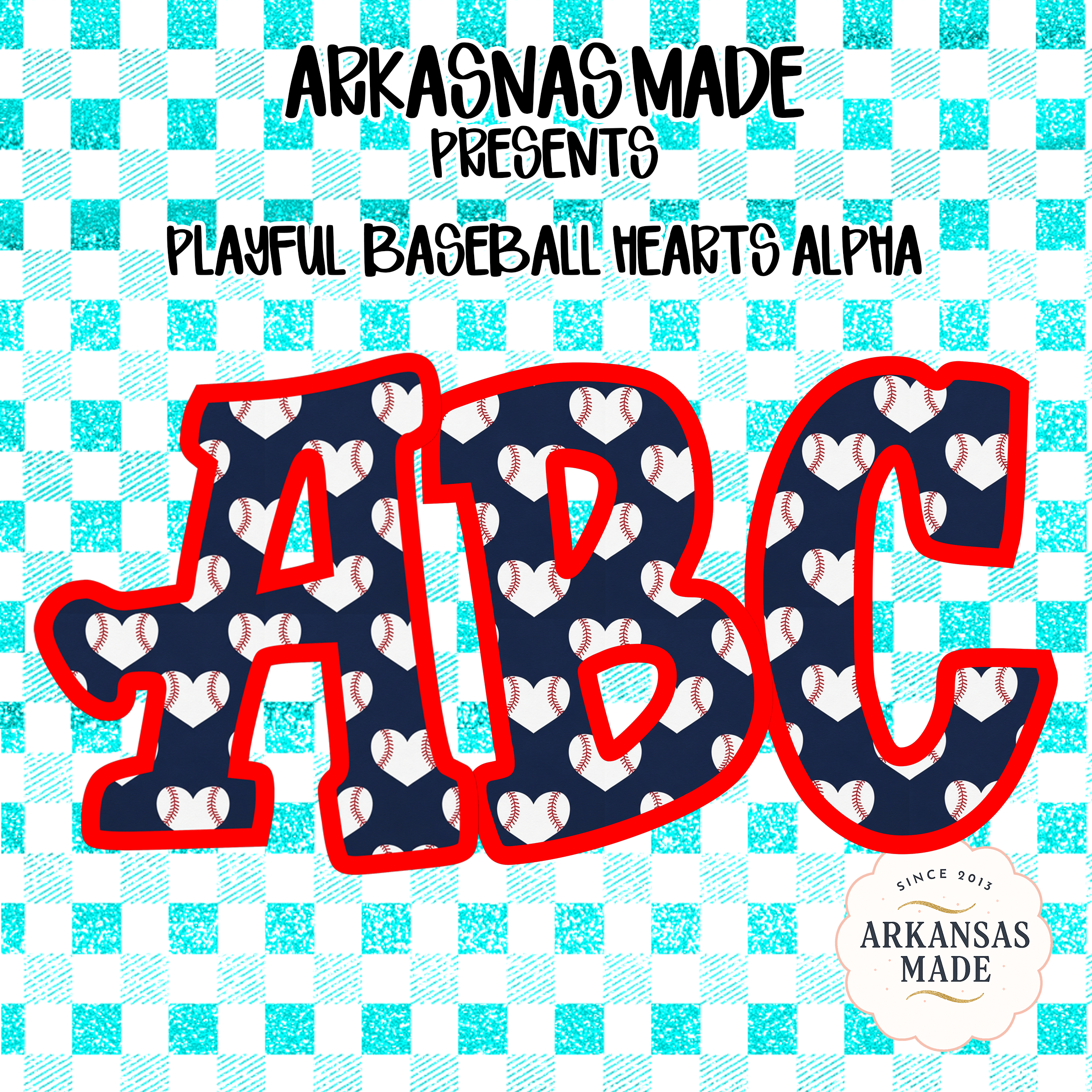 Playful Baseball Hearts Alpha, Digital Download Alpha Sublimation DTF PNGs, Sports Team Letters, Custom Name Alphabet, Teal Gingham, Instant