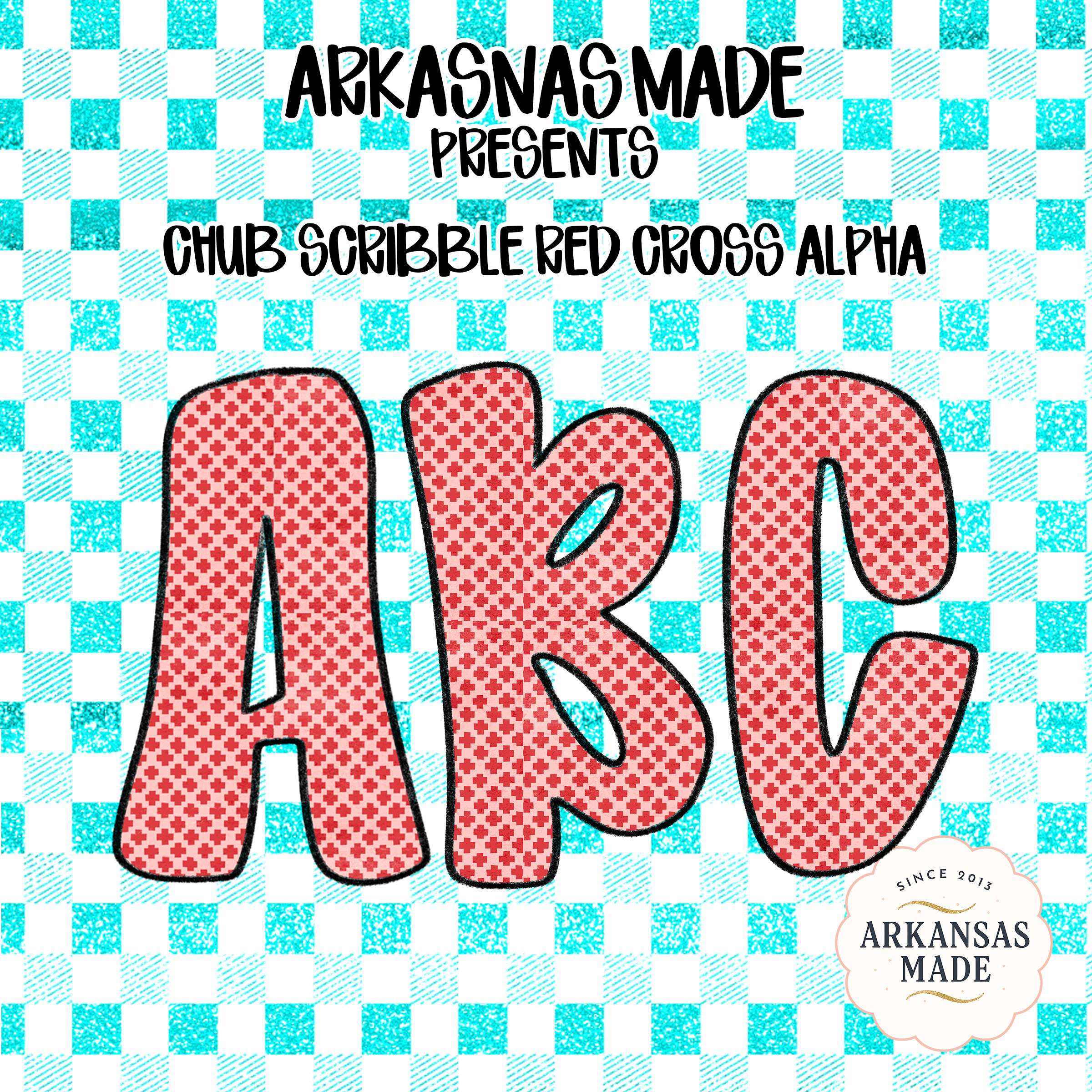 Chub Scribble Red Cross Alpha PNGs, Digital Download Sublimation DTF Alphabet, Gingham Glitter Turquoise Red Letters, Distressed Font Design