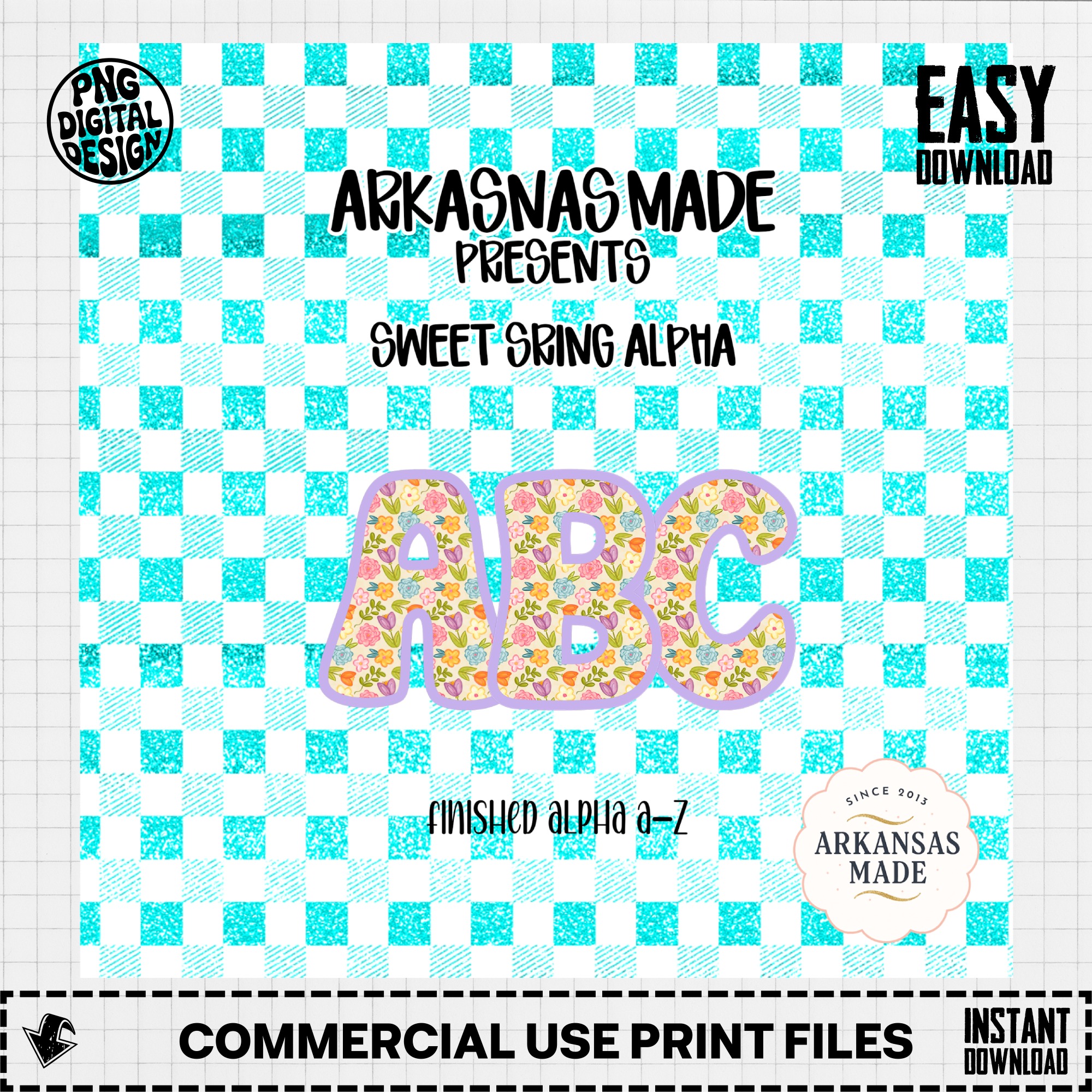 Sweet Spring Floral Alphabet PNG Alpha, Digital Download Letters A-Z, Turquoise Gingham Glitter Background, Nursery Crafts, Sublimation - Image 2