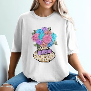 Colorful Rose Bouquet T-Shirt, Pastel Floral Love Vase Tee, Aesthetic Flower Graphic T-Shirt, Womens Gift, Valentines Day, Trendy Top