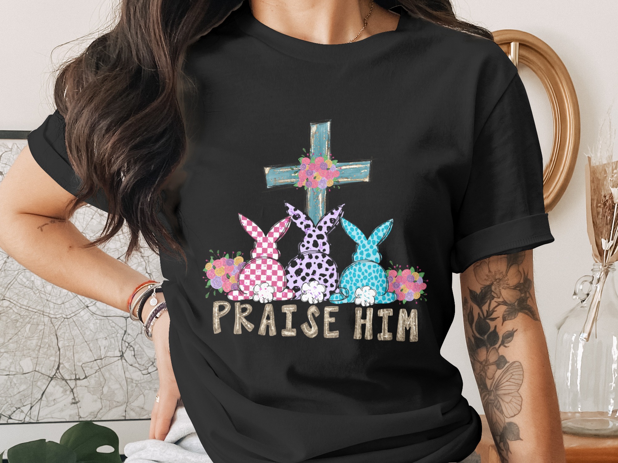 Easter Praise Him PNG, Religious Bunny Cross Sublimation, Digital Download DTF, Christian Spring Faith Art, Floral Rabbits - Image 2