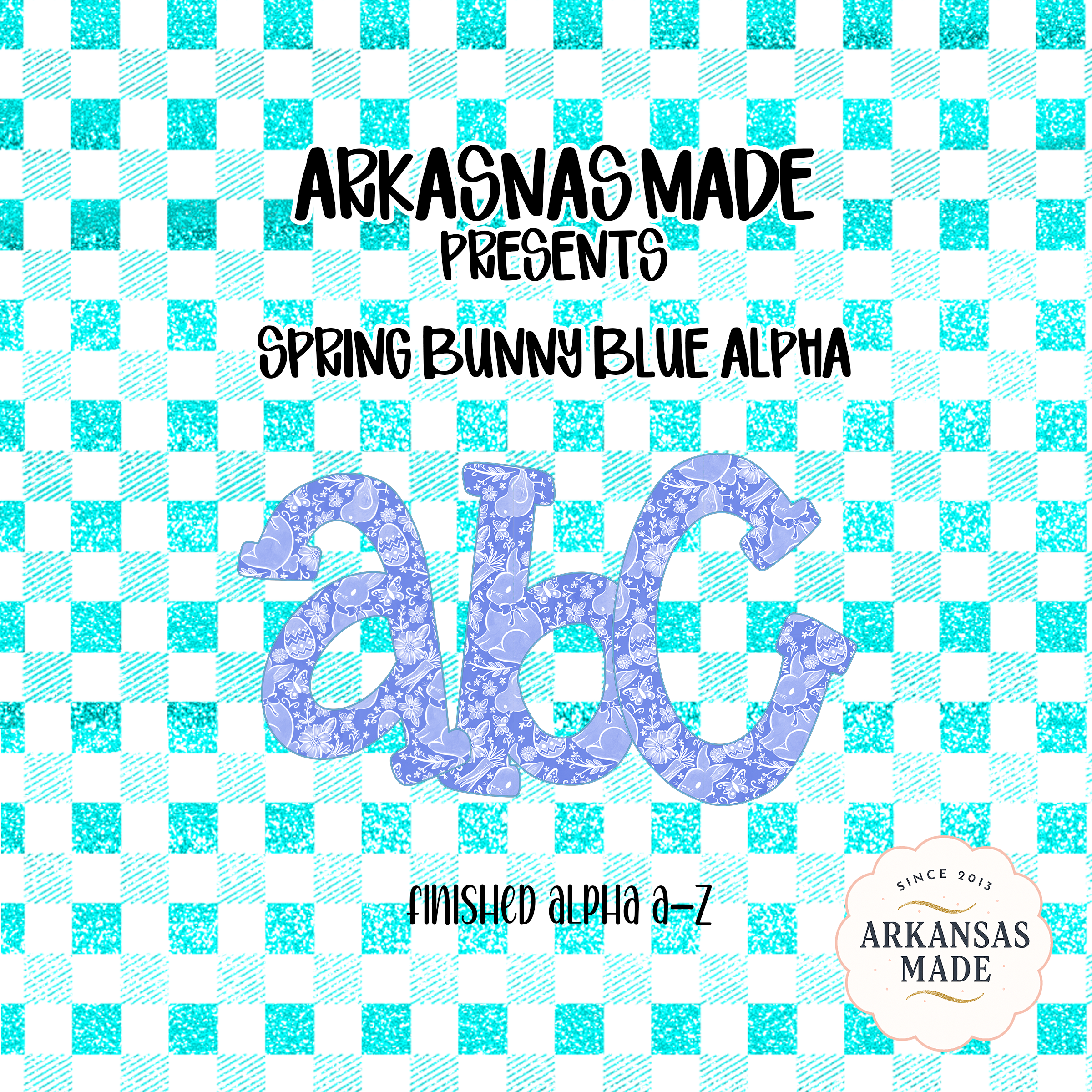 Spring Bunny Blue Alpha PNG, Easter Alphabet Letters, Digital Download, Gingham Glitter PNG, Whole Alphabet Set, Instant Digital Download