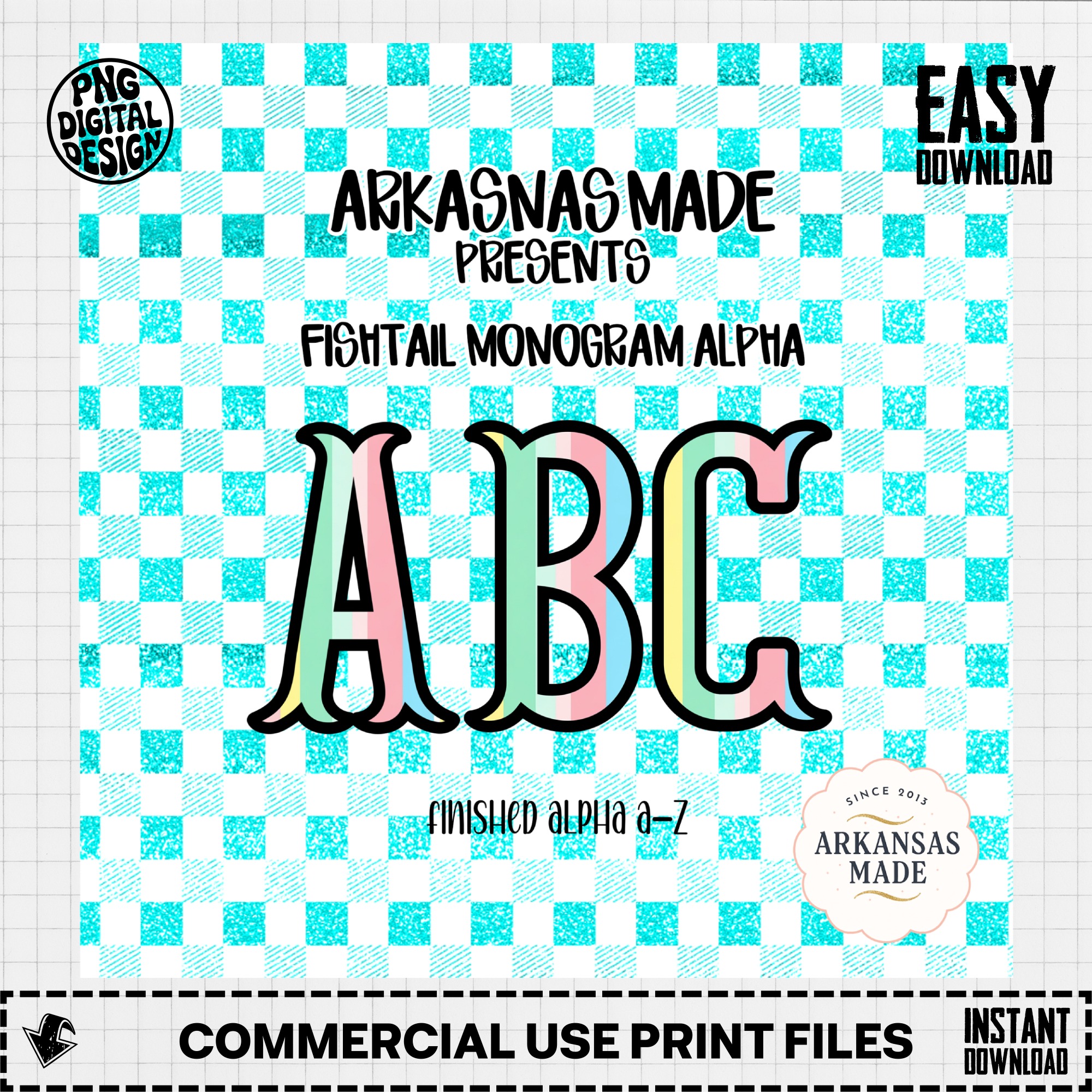 Fishtail Monogram Alpha PNG, Digital Download Alphabet Letters A-Z, Pastel Striped Font, Glitter Checkered Background, Craft Clipart - Image 2