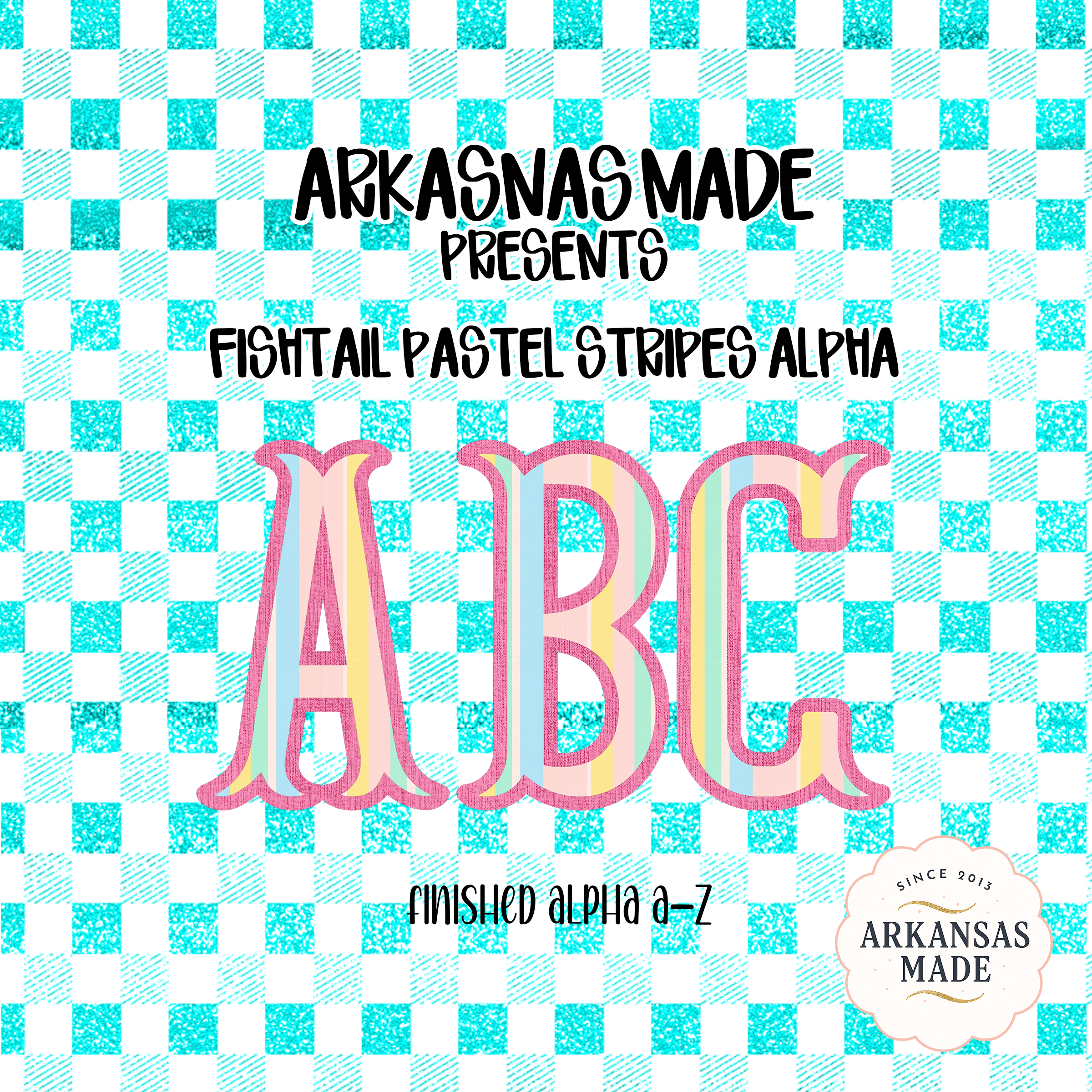 Fishtail Pastel Stripes Alpha, Glitter Turquoise Gingham Alphabet Letters, Digital Download PNG Alpha A-Z, Monogram Clipart Bundle.