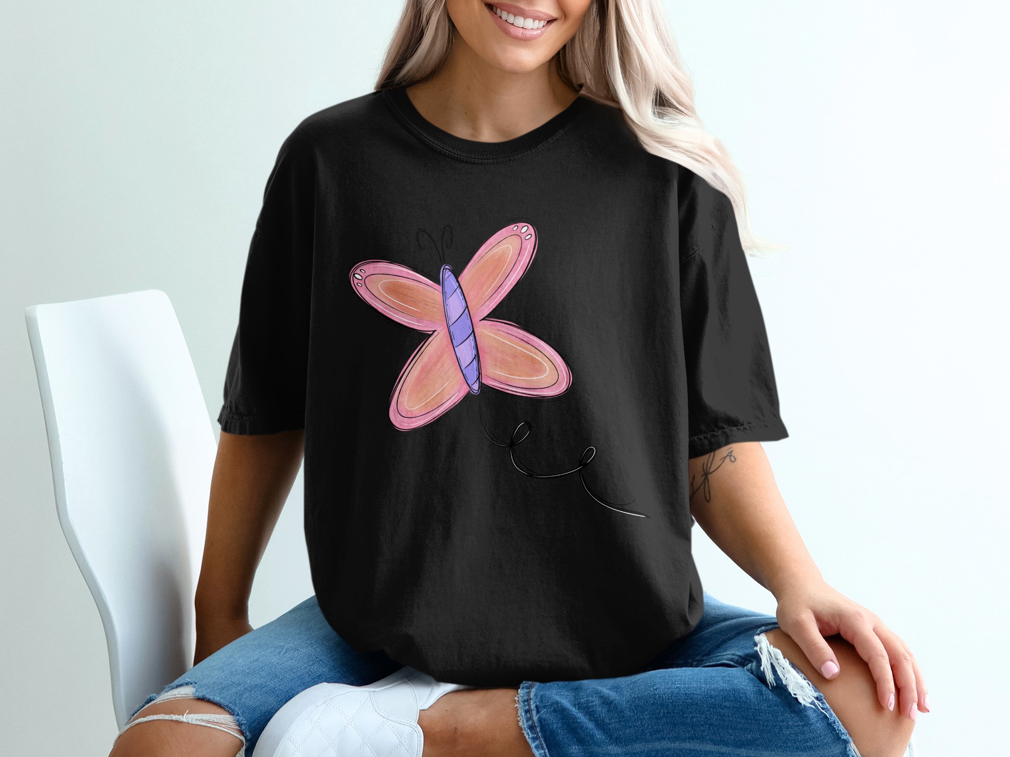 Whimsical Pink Butterfly T-Shirt, Cute Pastel Doodle Butterfly Design, Aesthetic Nature Lover Tee, Spring Summer Gift T-Shirt for Women - Image 2