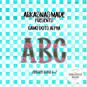 Camo Dots Alpha Digital Download PNG, Full Alphabet A-Z, Teal Gingham Checkered Background, ABC Letters, Instant PNG Alpha Bundle
