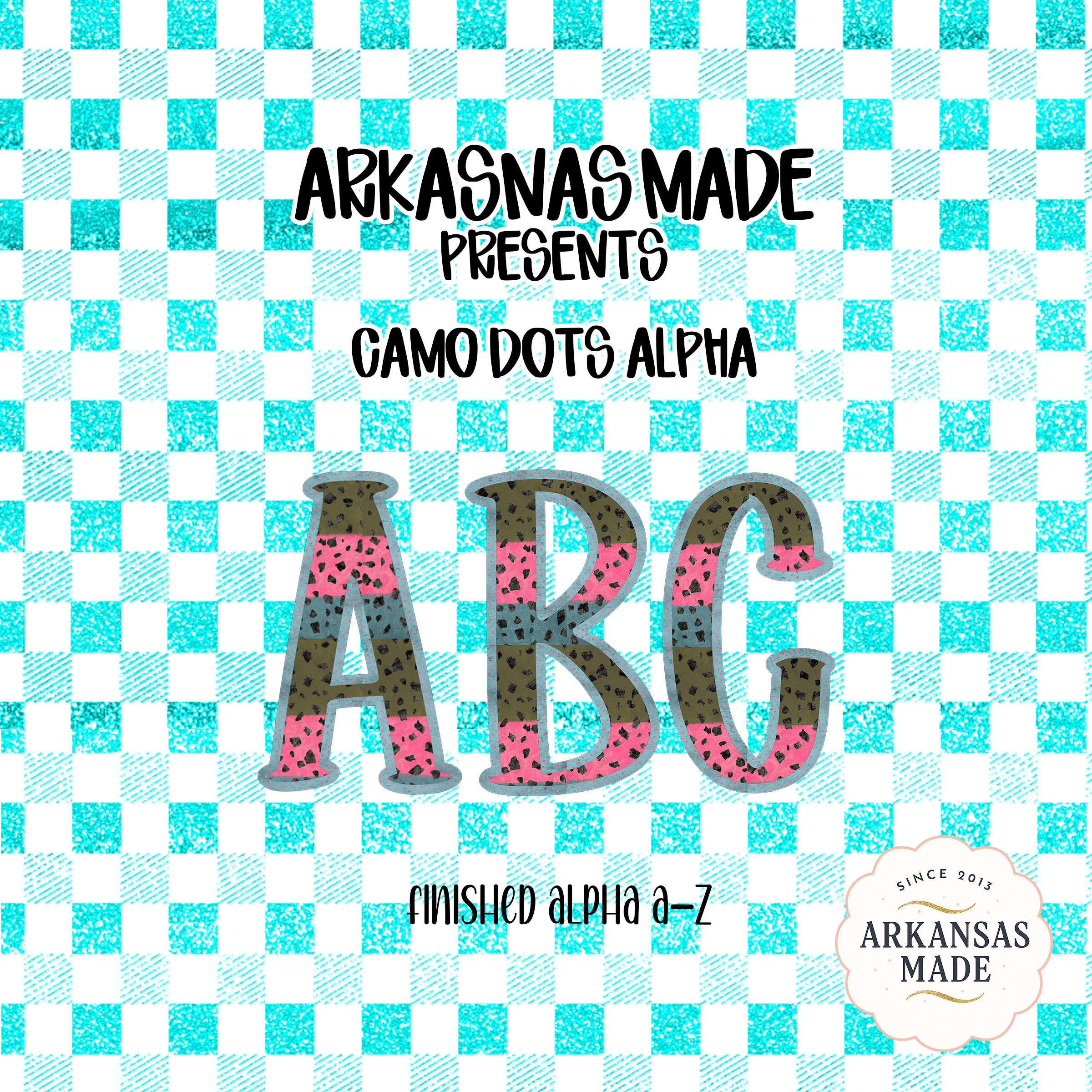 Camo Dots Alpha Digital Download PNG, Full Alphabet A-Z, Teal Gingham Checkered Background, ABC Letters, Instant PNG Alpha Bundle