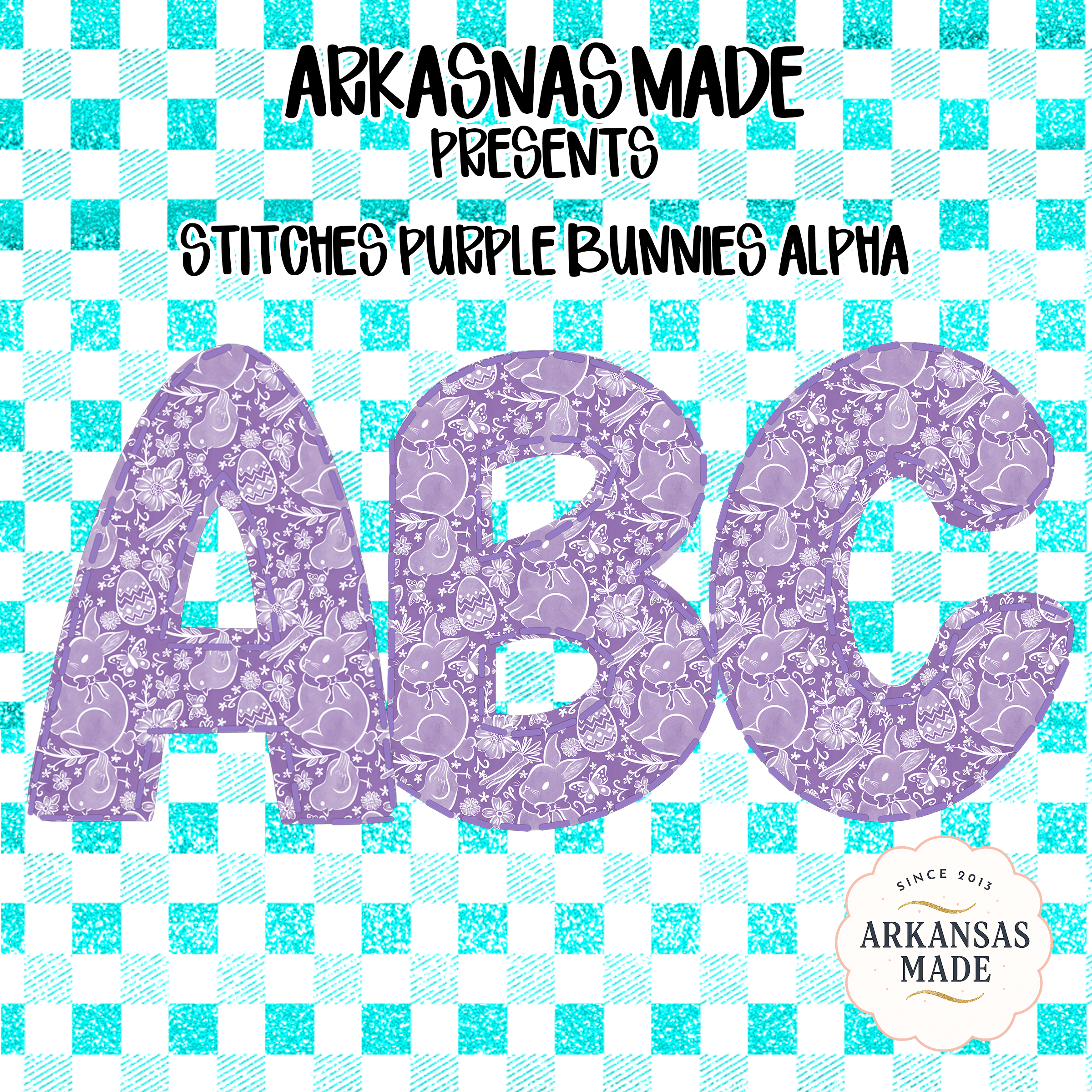 Stitches Purple Bunnies Alpha Digital Download, Easter Gingham Sublimation Letters, DTF PNGs, Full Alphabet Pack