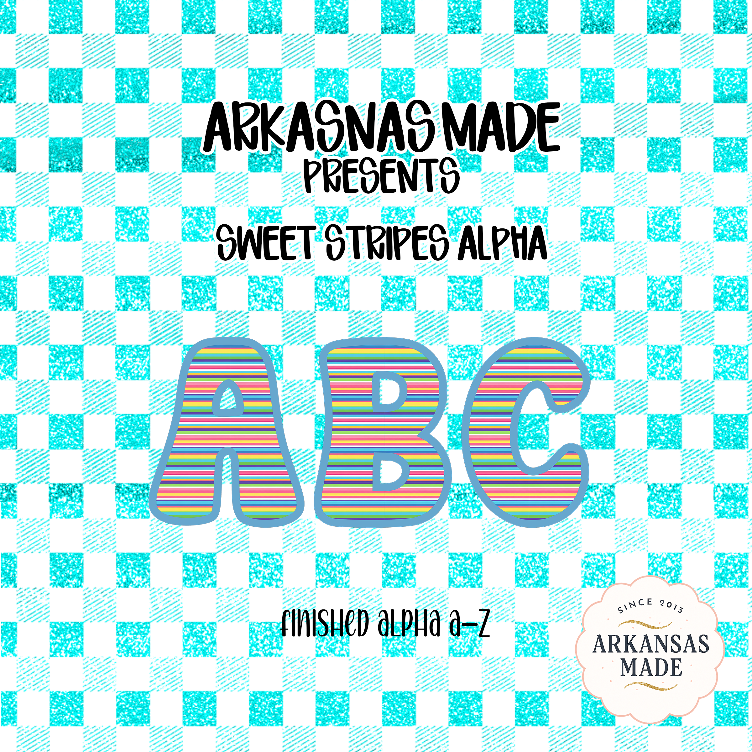 Sweet Stripes Alpha PNG, Digital Download Alphabet, Colorful Striped Letters A-Z, Teal Gingham Checkerboard, Kids Craft Font, Sublimation