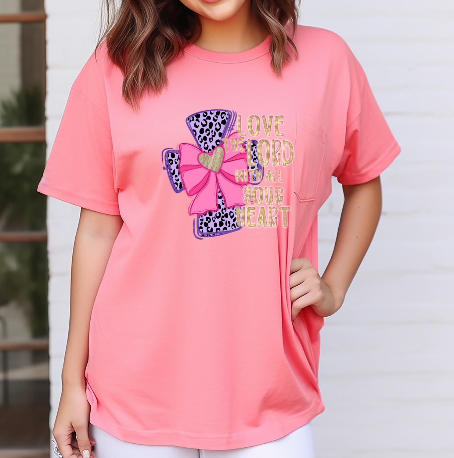 Love The Lord With All Your Heart PNG, Christian Cow Print DTF, Purple Pink Glitter Bow, Faith Quote Digital Download Sublimation - Image 7