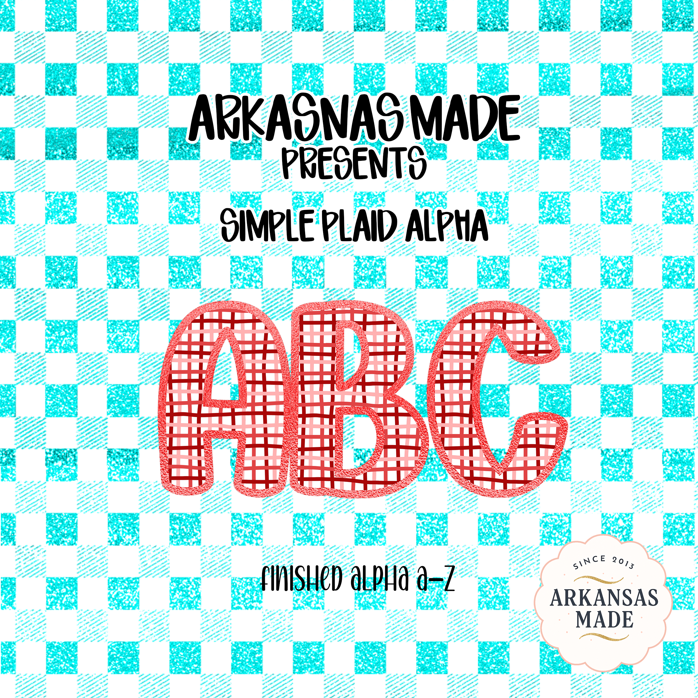 Red Plaid Alphabet PNG Alpha, Full A-Z Letters, Teal Glitter Checkered Digital Download, Craft Supplies, Printable ABC Set, Instant Download