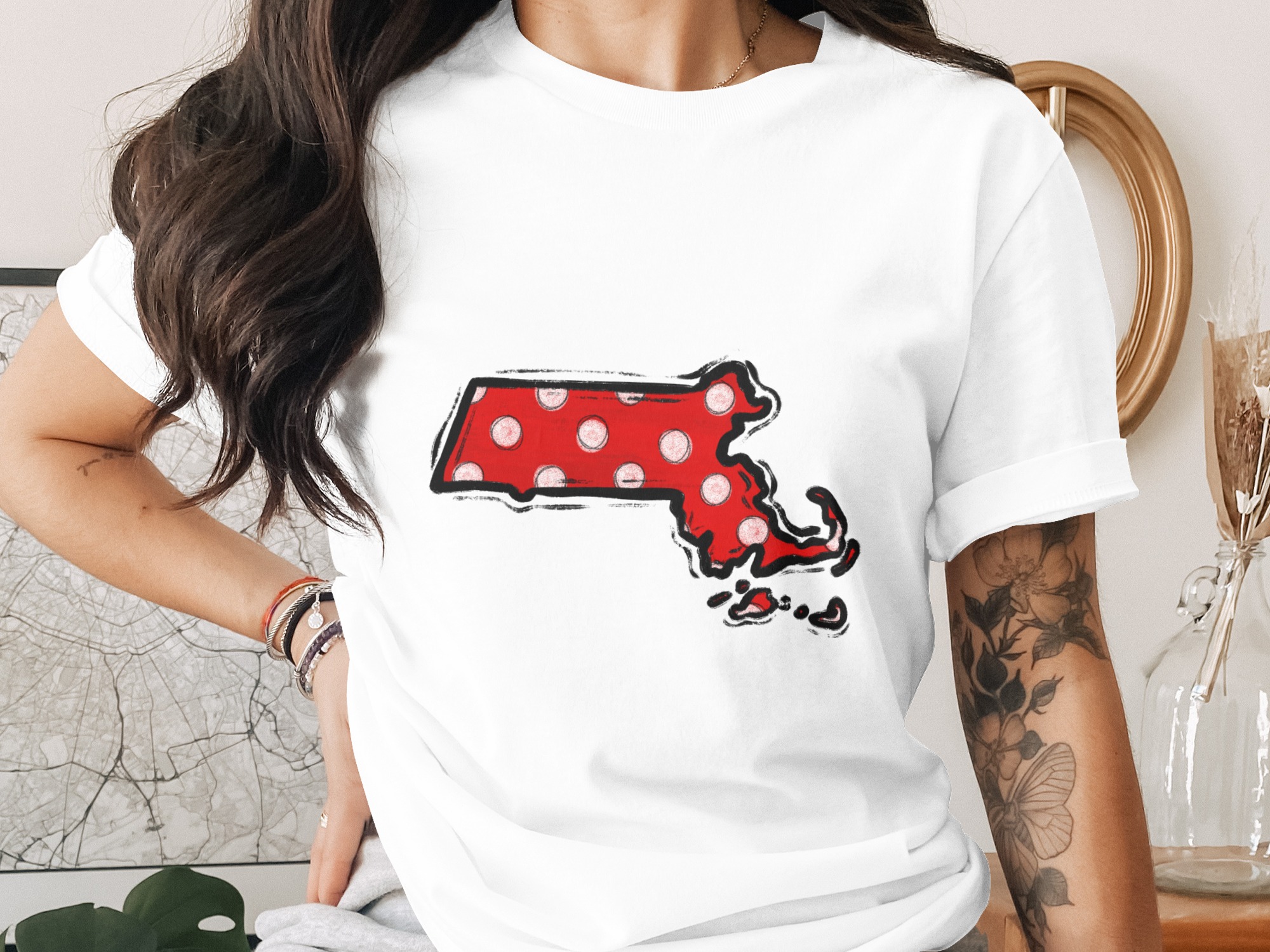 Massachusetts Polka Dot Map, MA State Outline Digital Download, Red White Dots DTF Sublimation PNG, Instant Graphic Design for Crafts