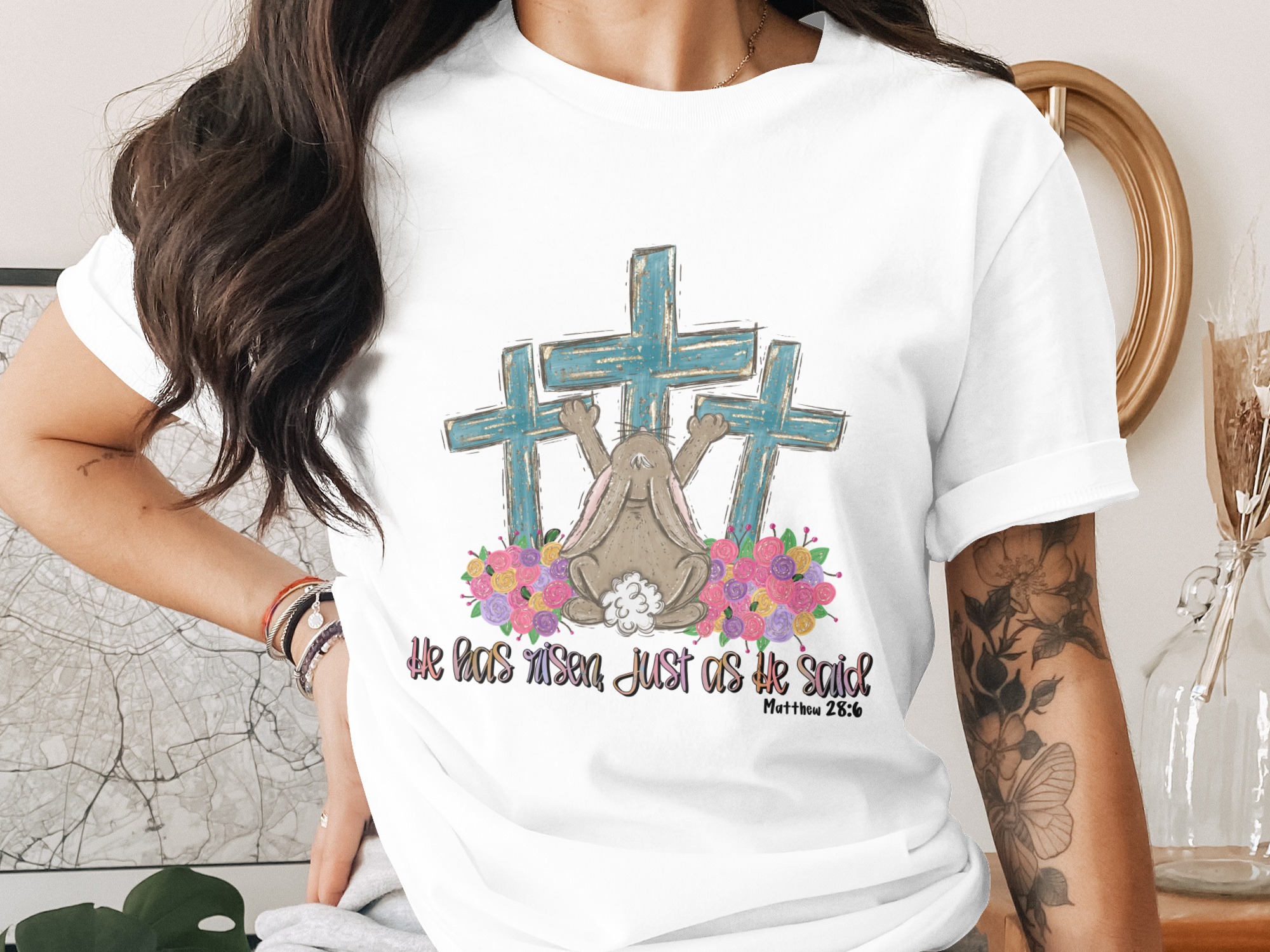 He Has Risen Matthew 28:6 PNG, Easter Bunny Cross Sublimation Design, Christian Religious DTF File, Resurrection Digital Download Art, Faith