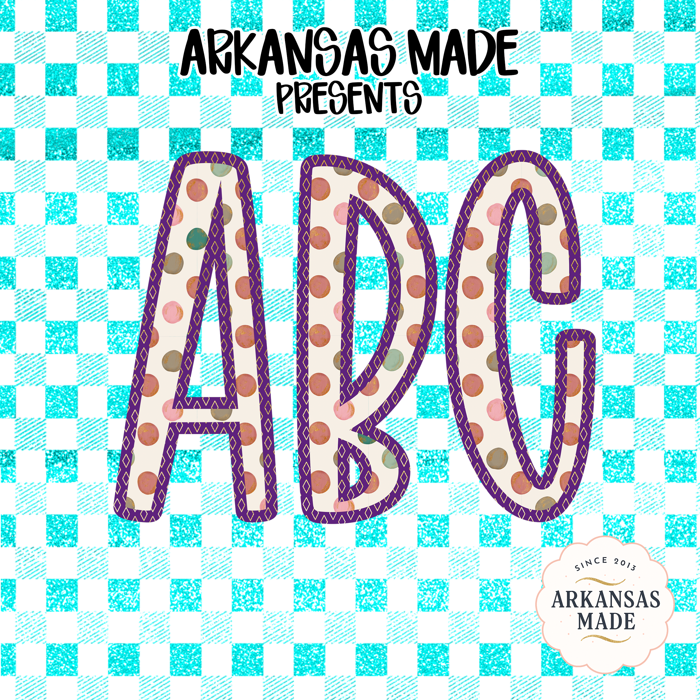 Vibrant ABC Polka Dot Alphabet, Full A-Z Alpha Digital Download, Glitter Gingham Sublimation DTF PNGs, Playful Letters, Instant File