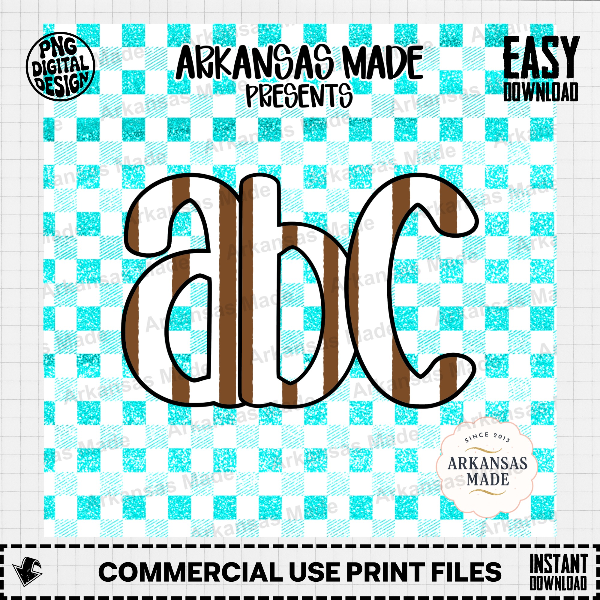 Digital Download Alpha Set, Teal Glitter Buffalo Plaid Letters, Brown Gingham Font PNG, Rustic School Alphabet Clipart - Image 2