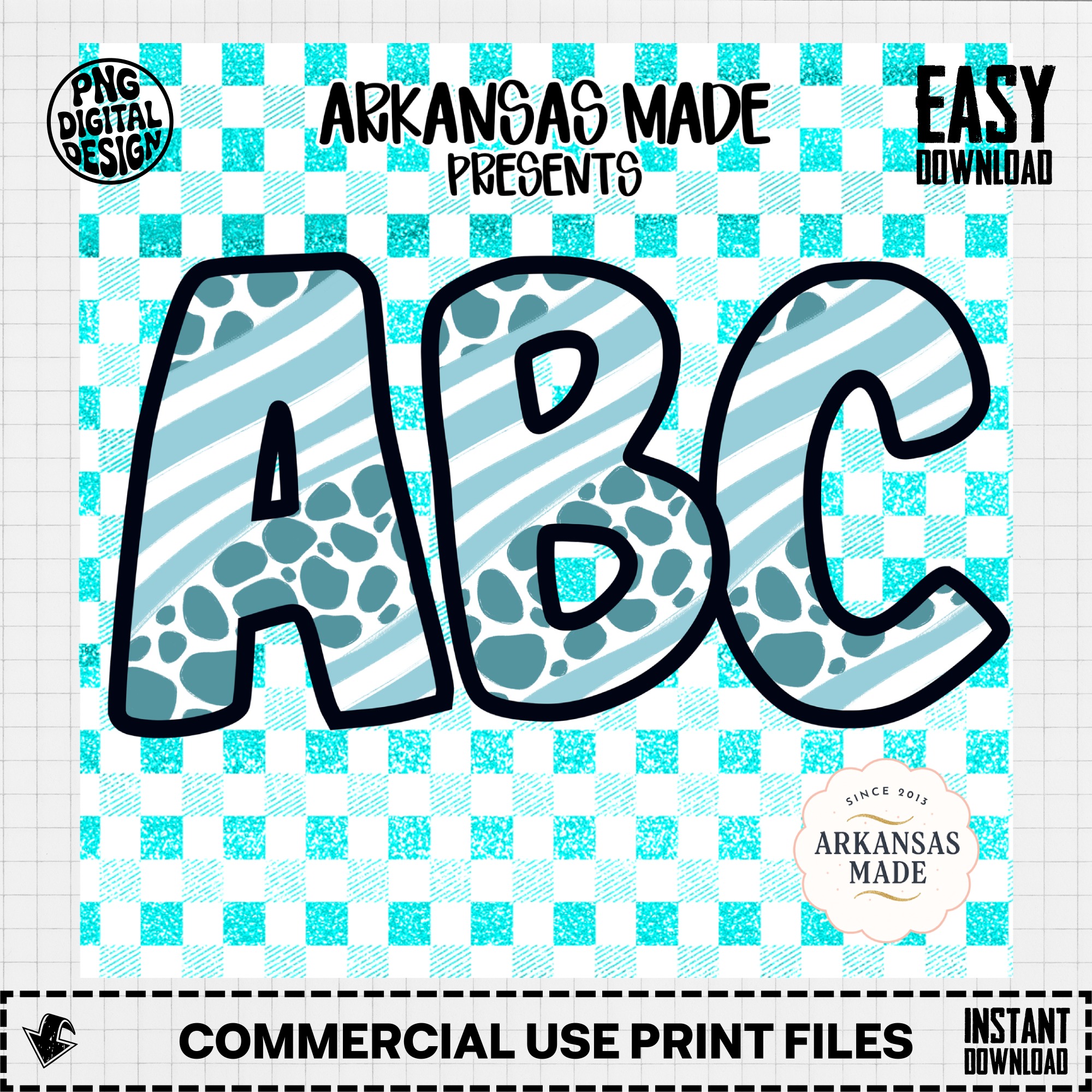 Digital Download Full A-Z Alpha Sublimation DTF PNGs, Teal Gingham Alphabet, Buffalo Plaid, Aqua Stripes and Spots ABC - Image 3