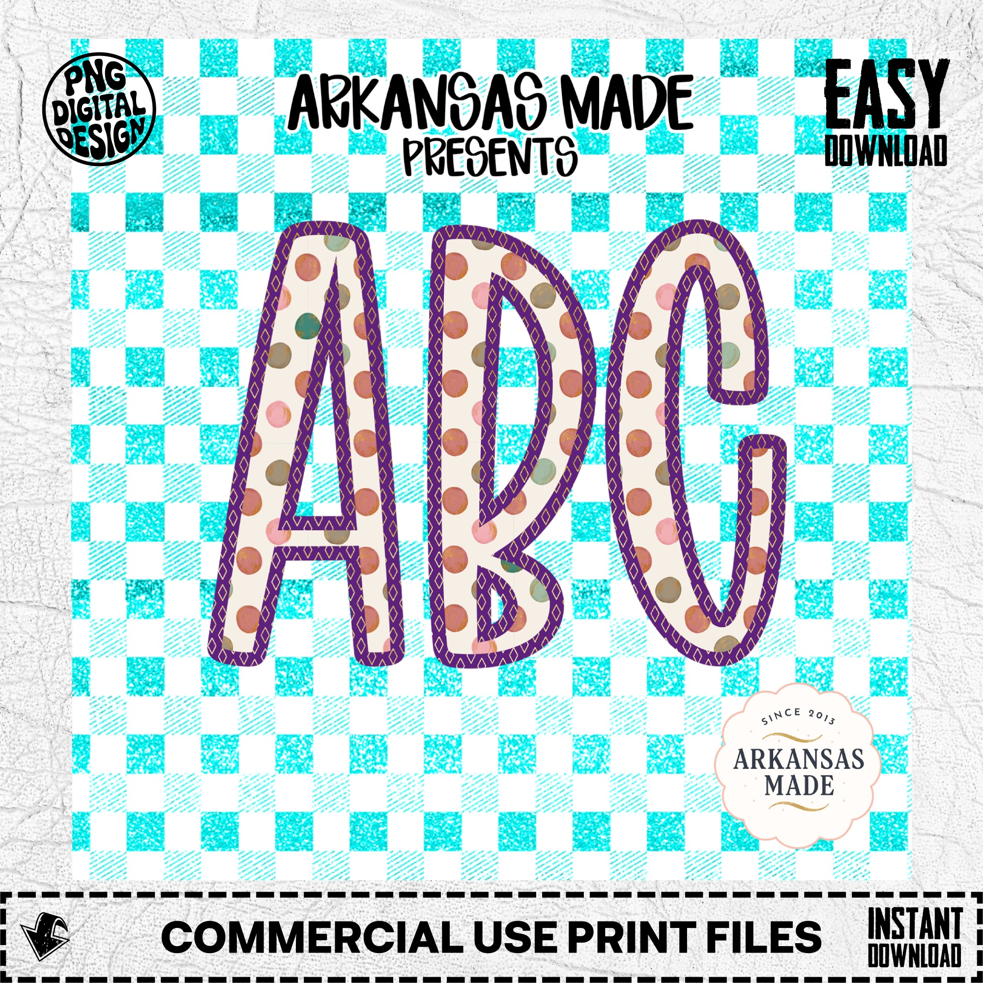 Vibrant ABC Polka Dot Alphabet, Full A-Z Alpha Digital Download, Glitter Gingham Sublimation DTF PNGs, Playful Letters, Instant File - Image 2