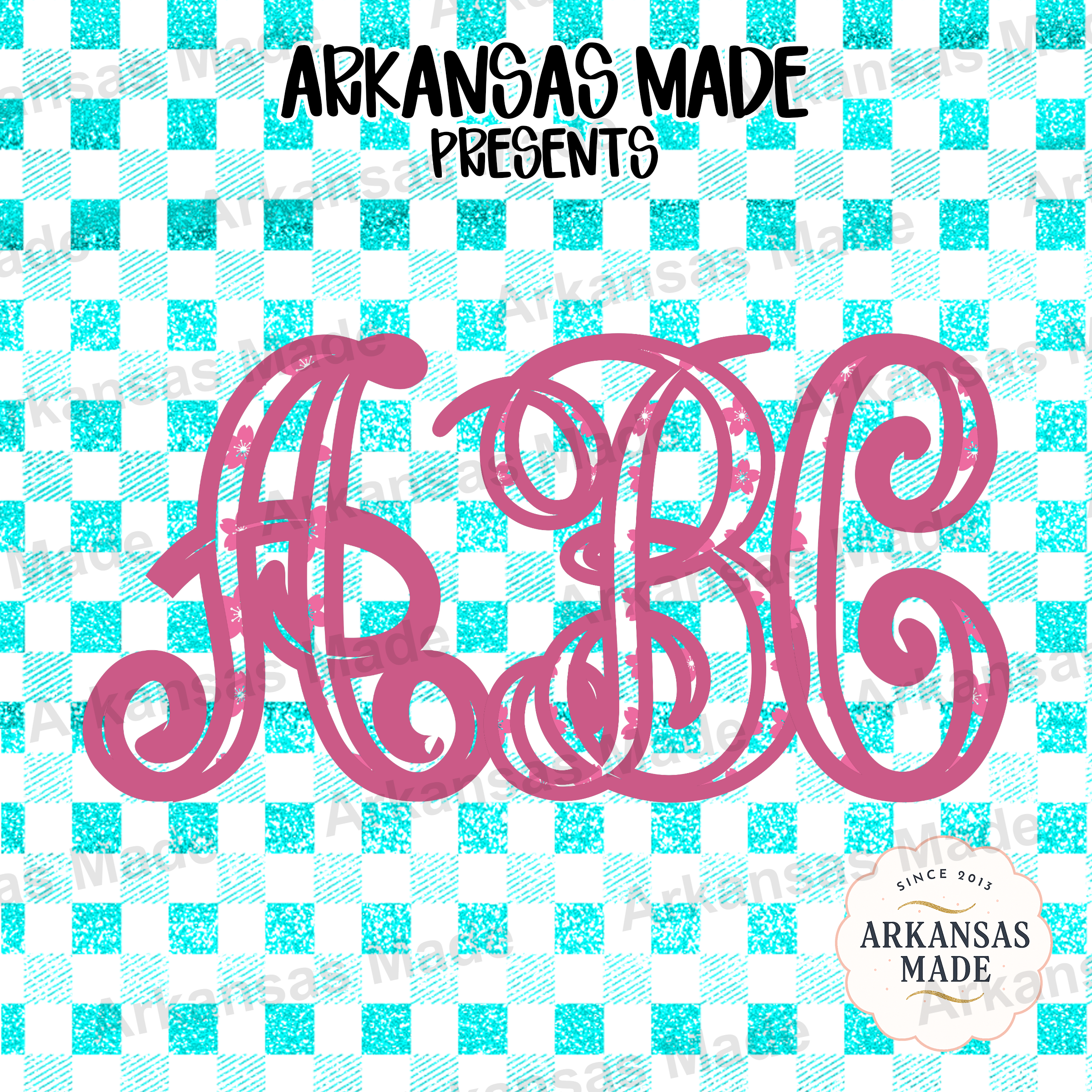 Pink Cherry Blossom Monogram SVG PNG Font Letters, Faux Glitter Teal Gingham Alpha Set, Personalized Digital Download - Image 4