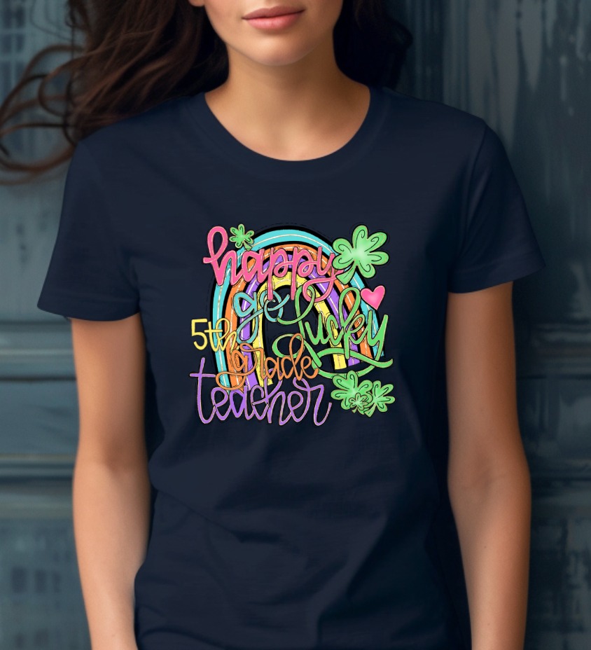 Happy Lucky 5th Grade Teacher T-Shirt, St Patrick's Day Rainbow PNG Sublimation, Fifth Grade Gift, Lucky Charm, Elementary Tee - Image 3