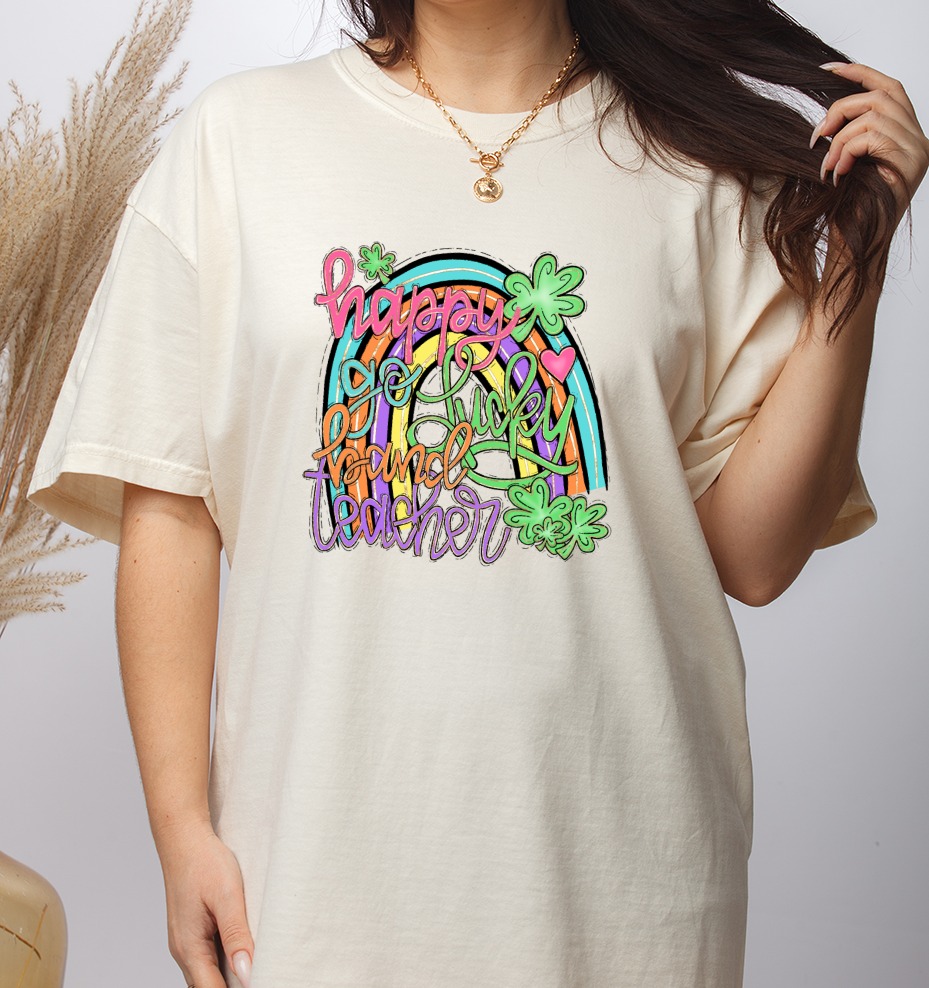 Happy Go Lucky Teacher T-Shirt, St Patrick's Day Shirt, Rainbow Teacher PNG, Lucky Clover Sublimation Design, Teacher Gift Digital Download - Image 2