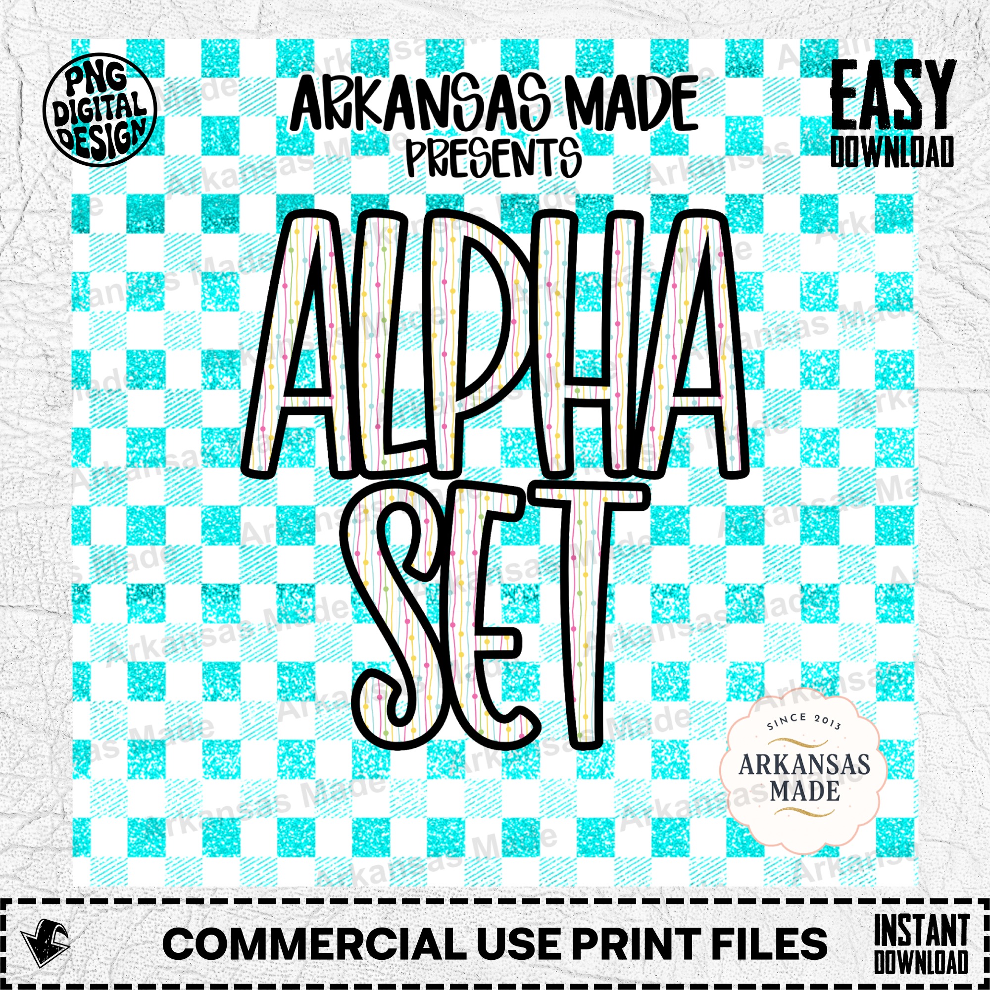 Glitter Aqua Gingham Alpha Set Digital Download | Fun Patterned Alphabet Letters PNG SVG | Craft Supply for Sublimation & DIY