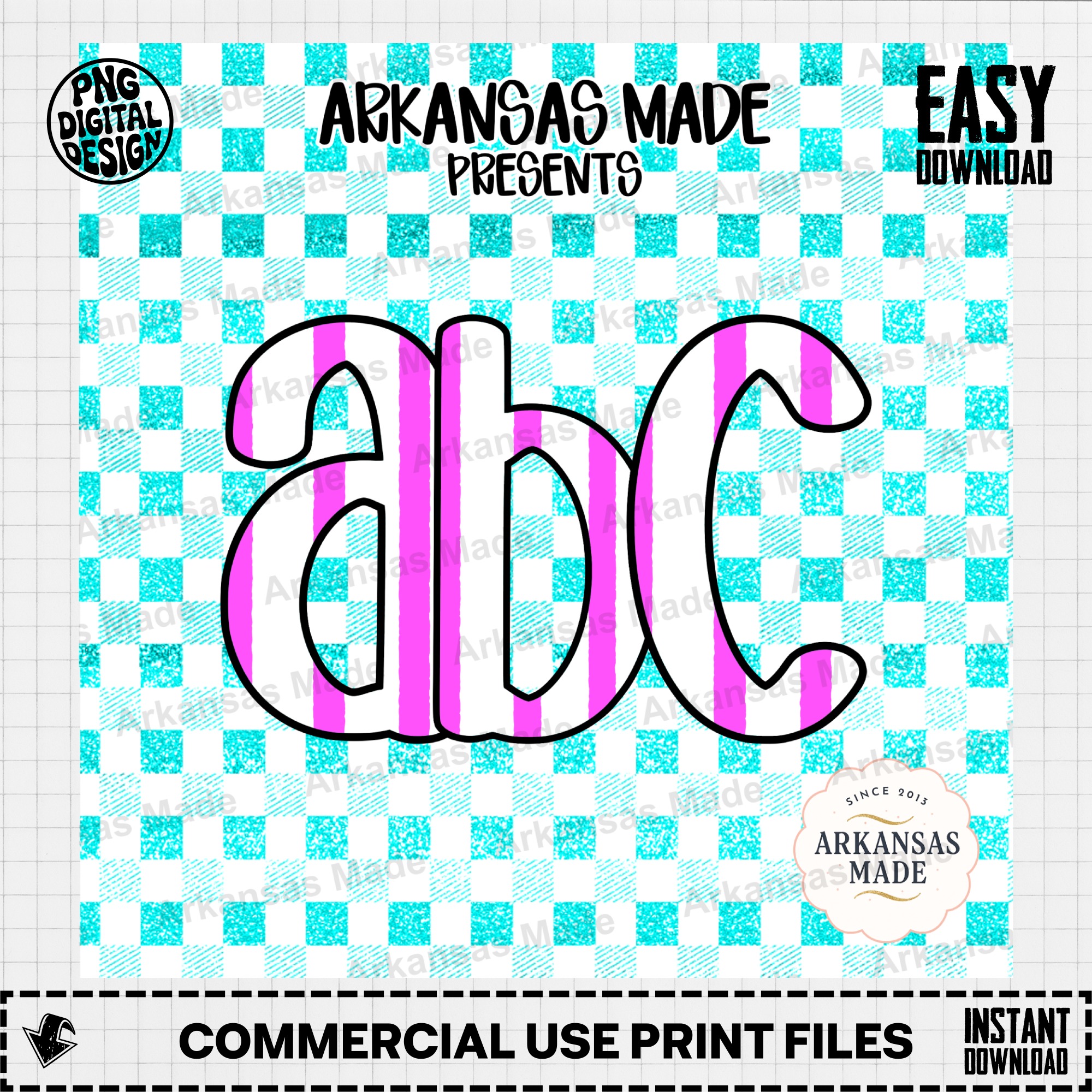 Preppy Pink Teal Gingham Glitter Alphabet Digital Download Alpha Set - Striped Bubble Letters PNG - Trendy ABC Font Craft Supply - Image 2