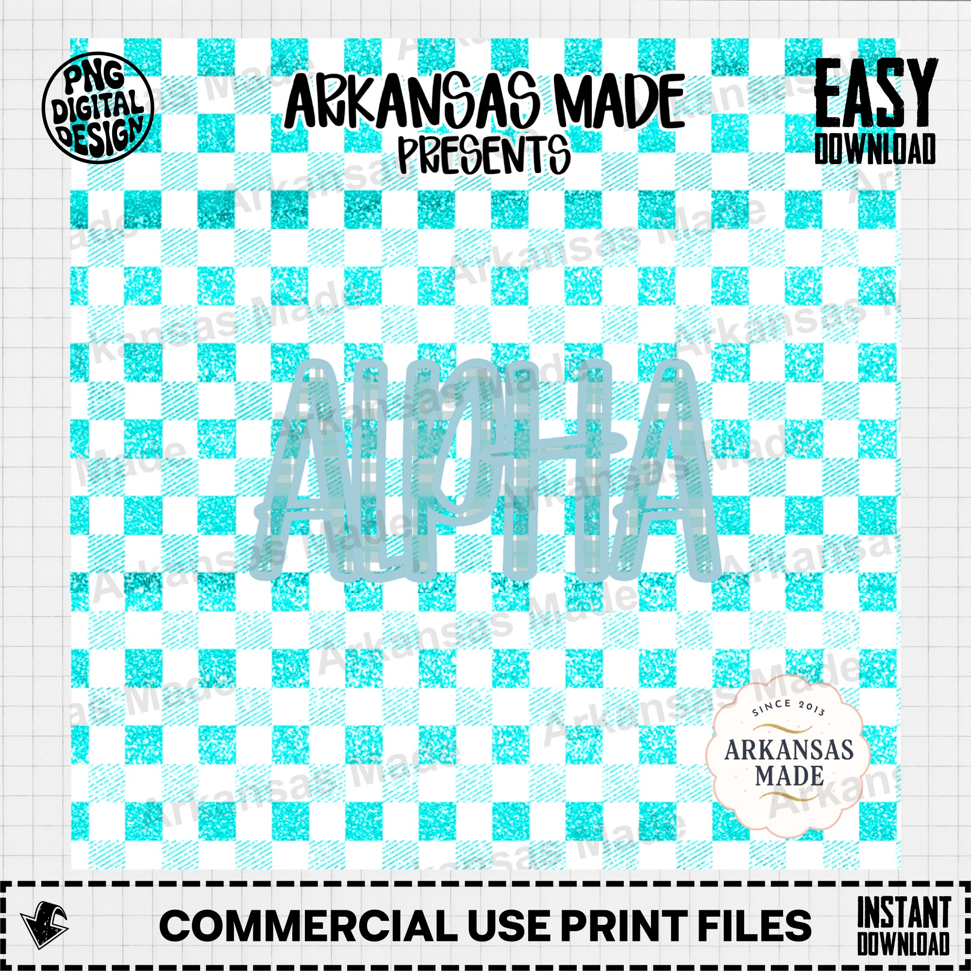 Turquoise Glitter Gingham Alpha Digital Download Set | Sparkle Checkerboard Letters PNG | Sublimation Font Craft Bundle - Image 2