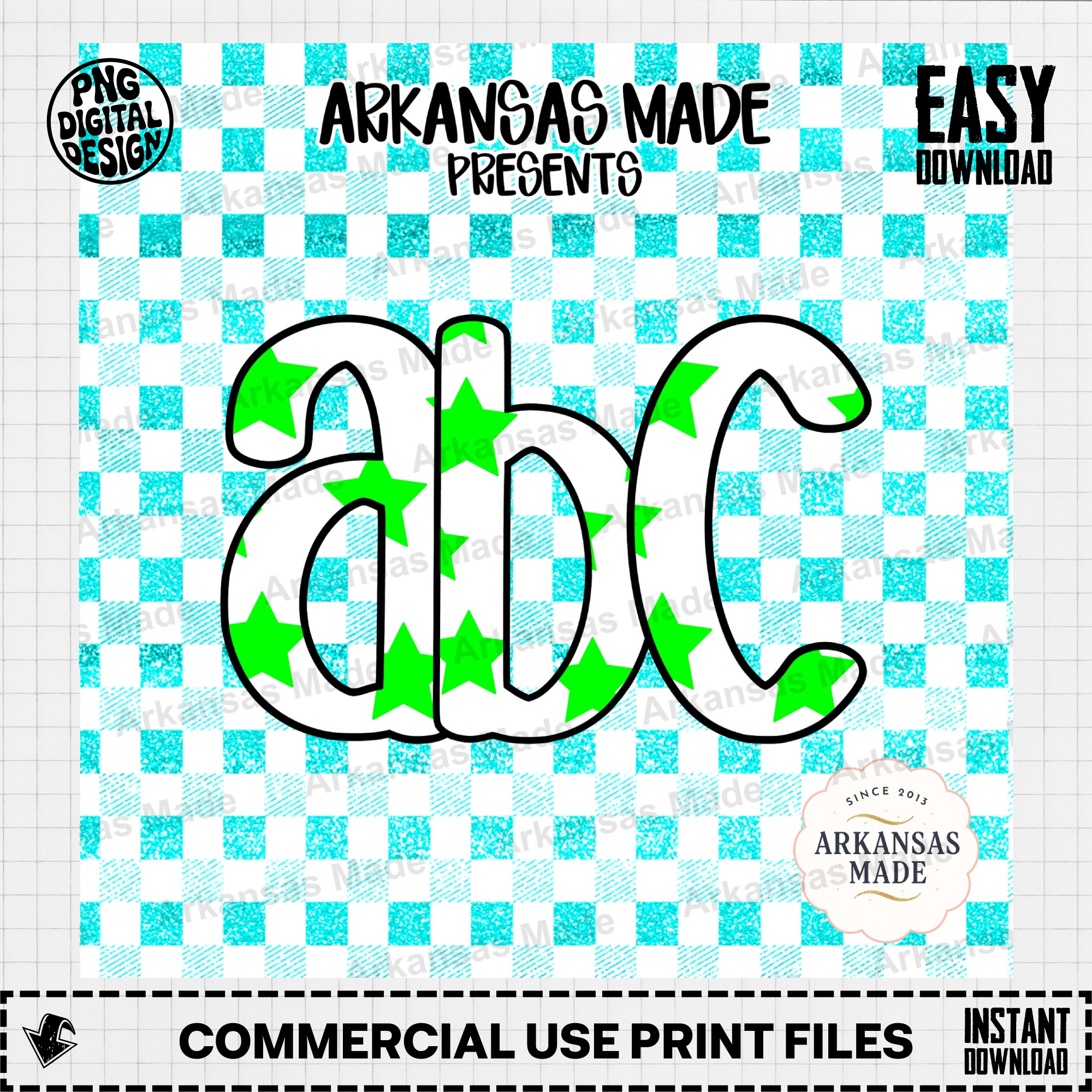 Green Star Alpha Set Digital Download, Aqua Glitter Gingham Alphabet Letters PNG, Preppy Cheerful Kids ABC Clipart for Sublimation & Crafts - Image 2