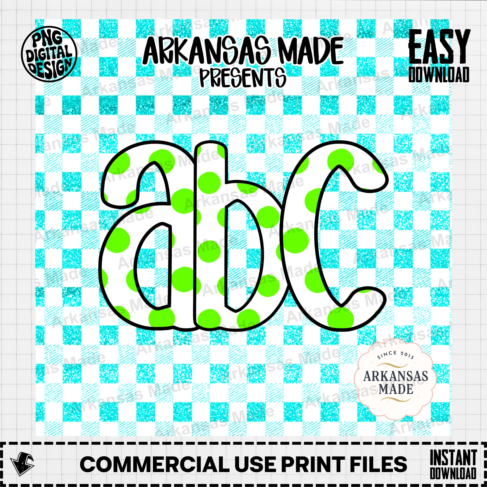 Lime Green Polka Dot ABC Digital Download Alpha Set | Teal Faux Glitter Gingham Letters Numbers Clip Art | Fun Kids Sublimation Ready - Image 2