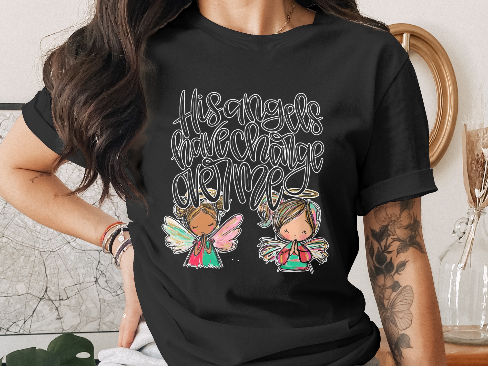 His Angels Have Charge Over Me Digital Download - Christian Quote Art, Cute Angel Girls PNG, Religious Nursery Decor, Scripture Faith Gift - Image 2