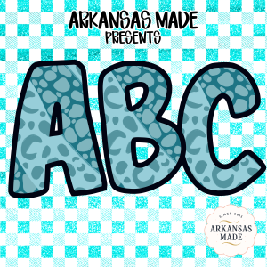 Teal Leopard Spot ABC Alphabet, Full A-Z Digital Download, Sublimation DTF PNGs, Aqua Gingham Checkered Letters