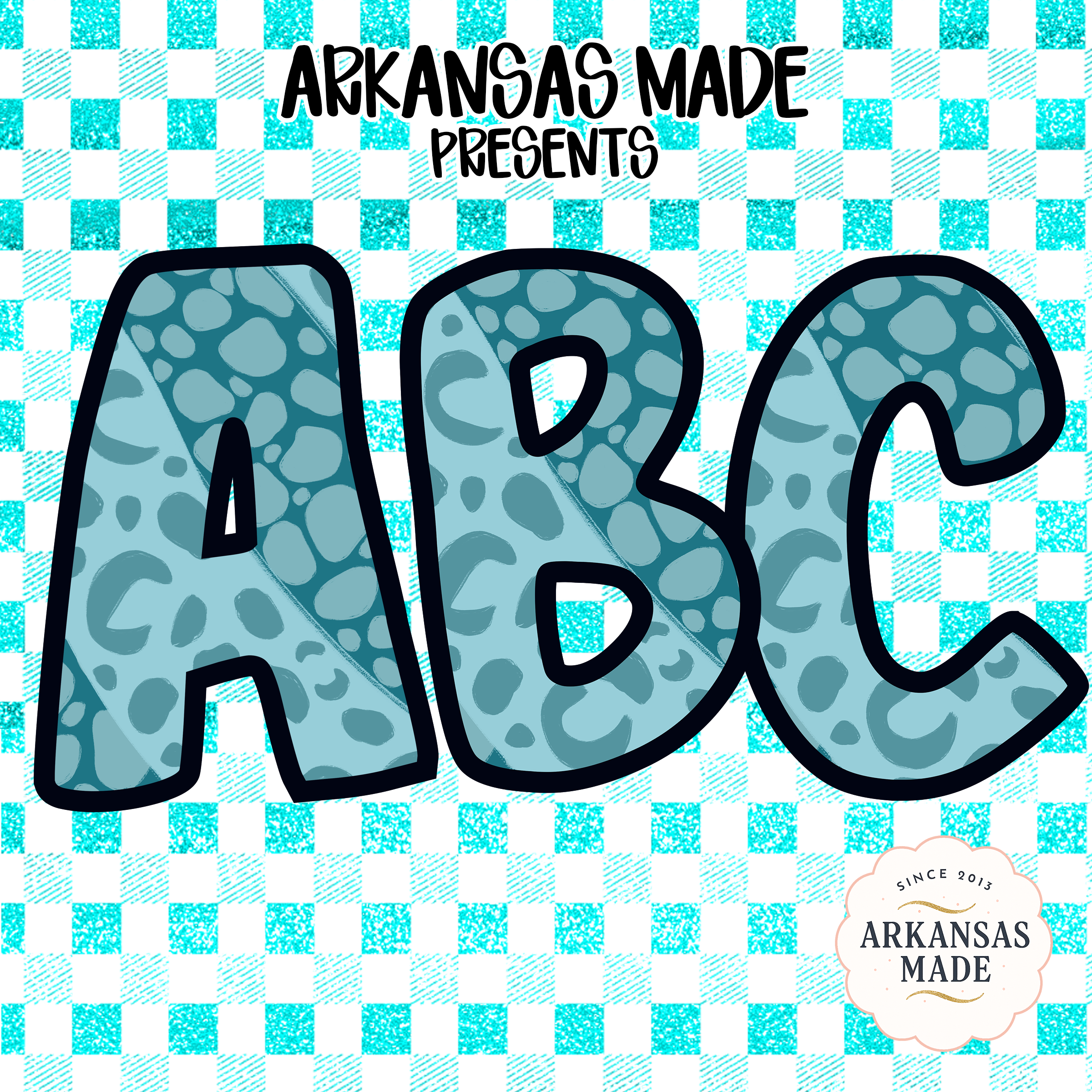 Teal Leopard Spot ABC Alphabet, Full A-Z Digital Download, Sublimation DTF PNGs, Aqua Gingham Checkered Letters