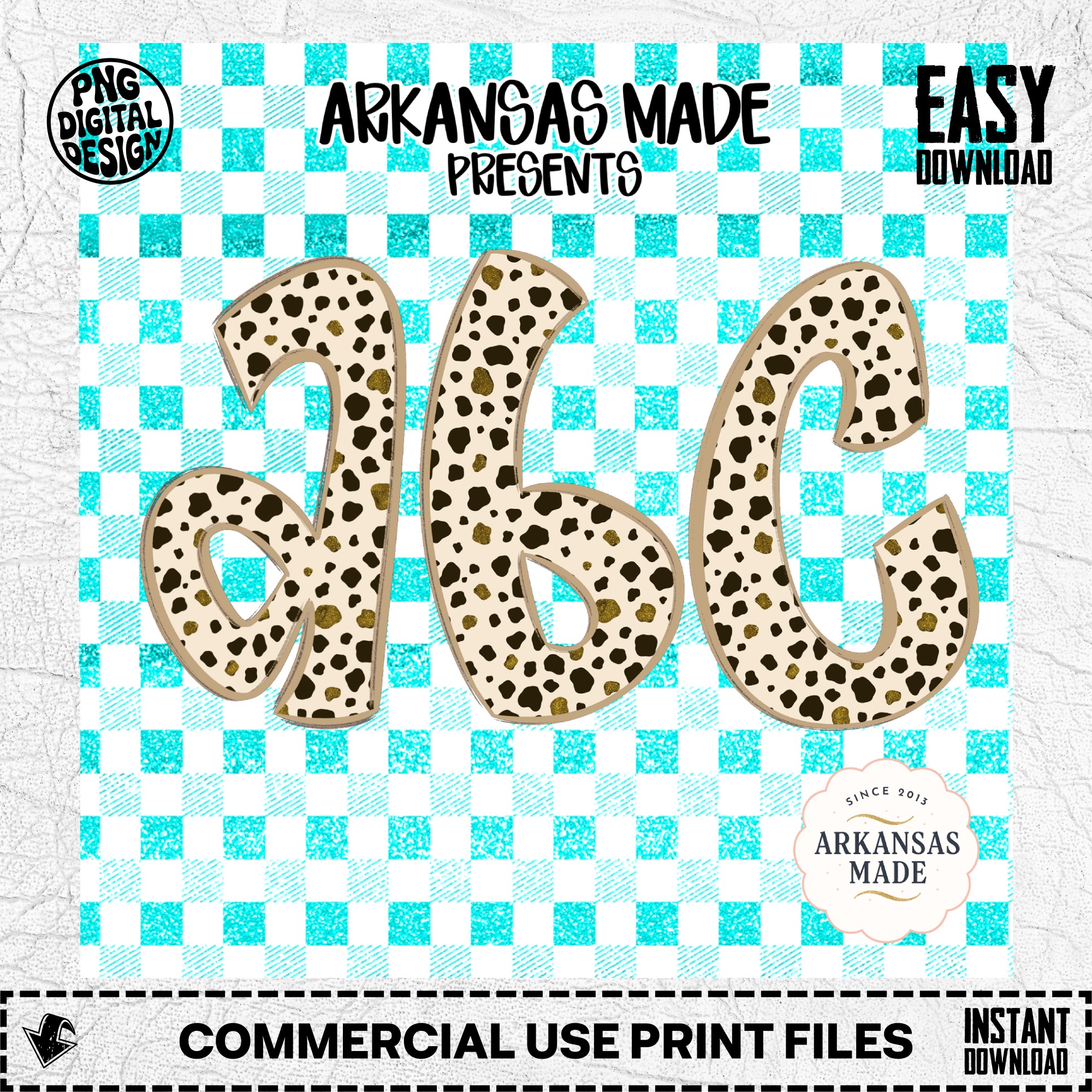 Cow Print Glitter Alphabet Letters, Full A-Z Alpha Digital Download, Dalmatian Spot ABC, Teal Gingham Plaid Sublimation DTF PNGs Bundle - Image 2