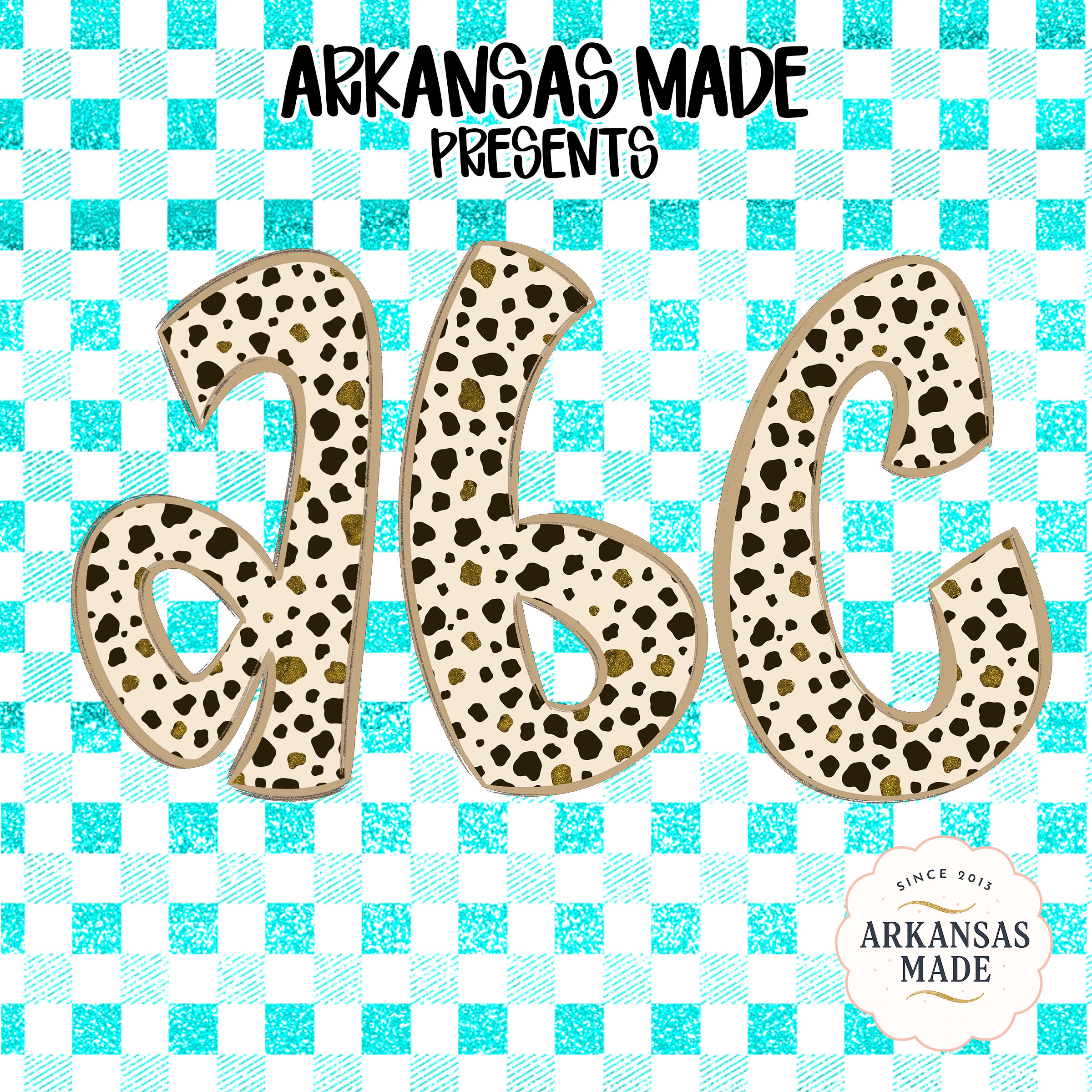 Cow Print Glitter Alphabet Letters, Full A-Z Alpha Digital Download, Dalmatian Spot ABC, Teal Gingham Plaid Sublimation DTF PNGs Bundle