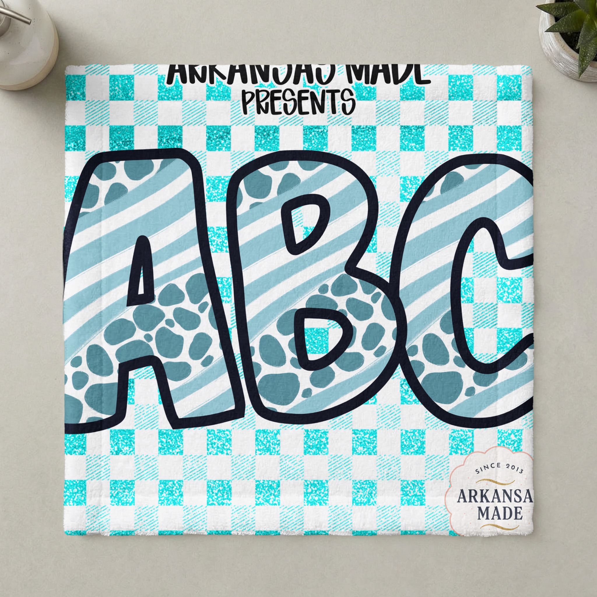 Digital Download Full A-Z Alpha Sublimation DTF PNGs, Teal Gingham Alphabet, Buffalo Plaid, Aqua Stripes and Spots ABC - Image 6