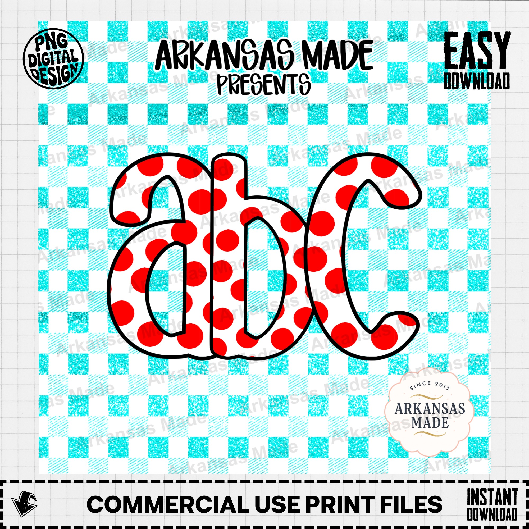 Digital Download Alphabet Set, Red Polka Dot ABC Letters, Faux Teal Glitter Gingham Font, Sublimation Clipart Nursery Decor - Image 2