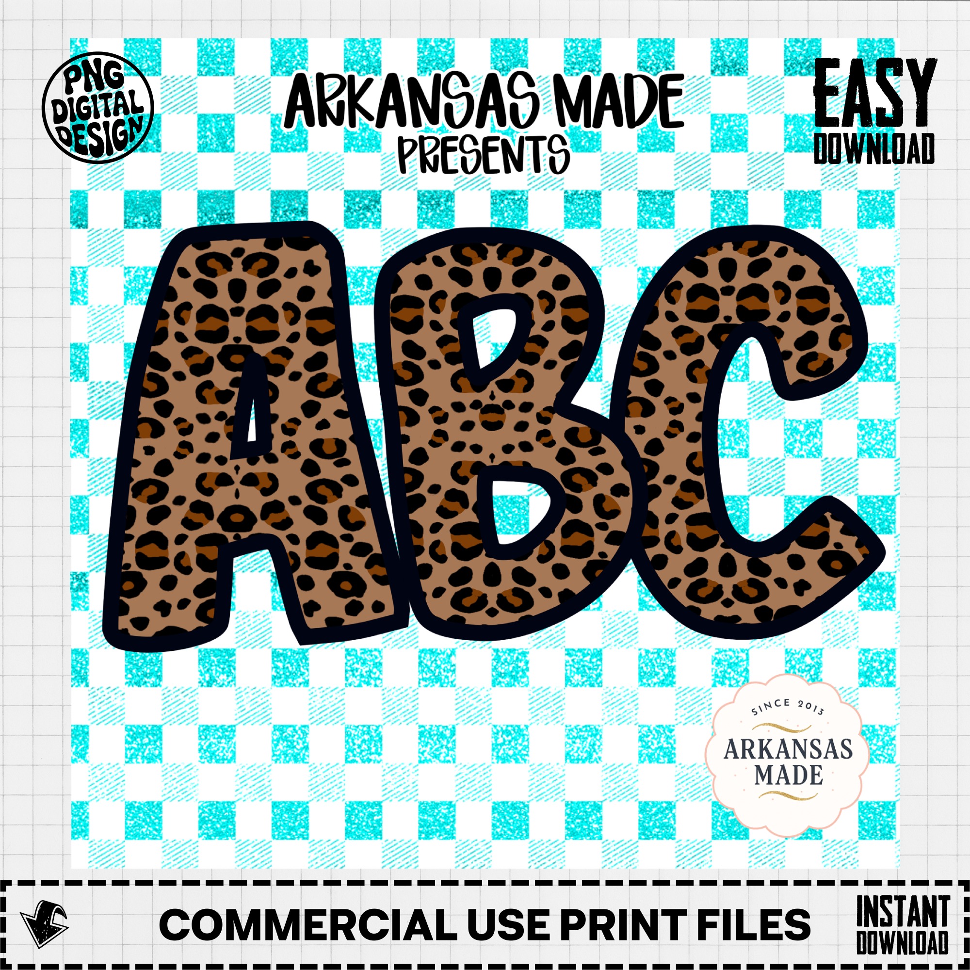 Digital Leopard Print ABC Alphabet PNGs, Full A-Z Alpha Sublimation DTF Download, Teal Gingham Glitter Letters, Wild Animal Print - Image 3