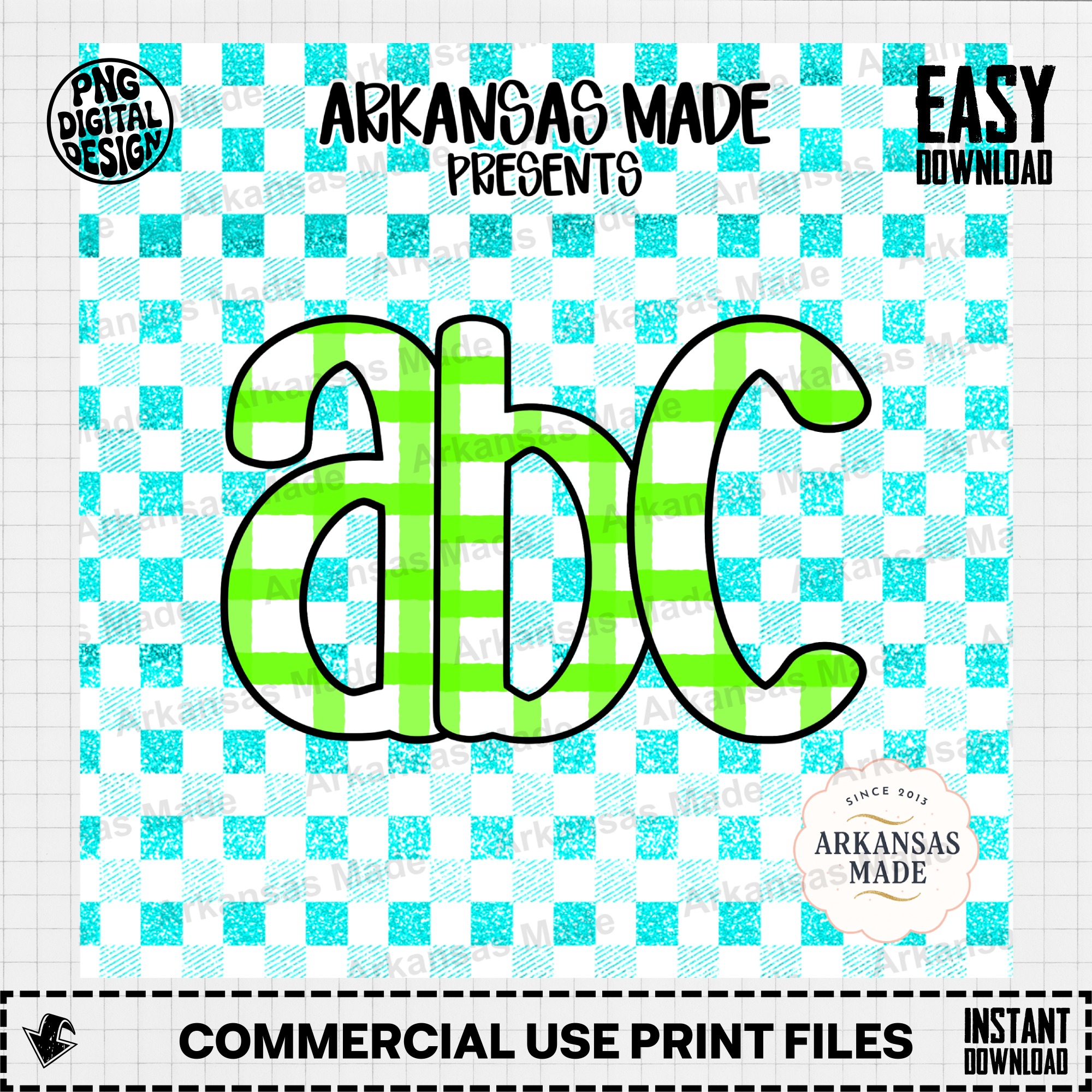 Digital Download Alpha Set, Green Gingham ABC Letters, Aqua Glitter Plaid Font PNG, Custom Initial Monogram Clipart, Crafting Supply - Image 2