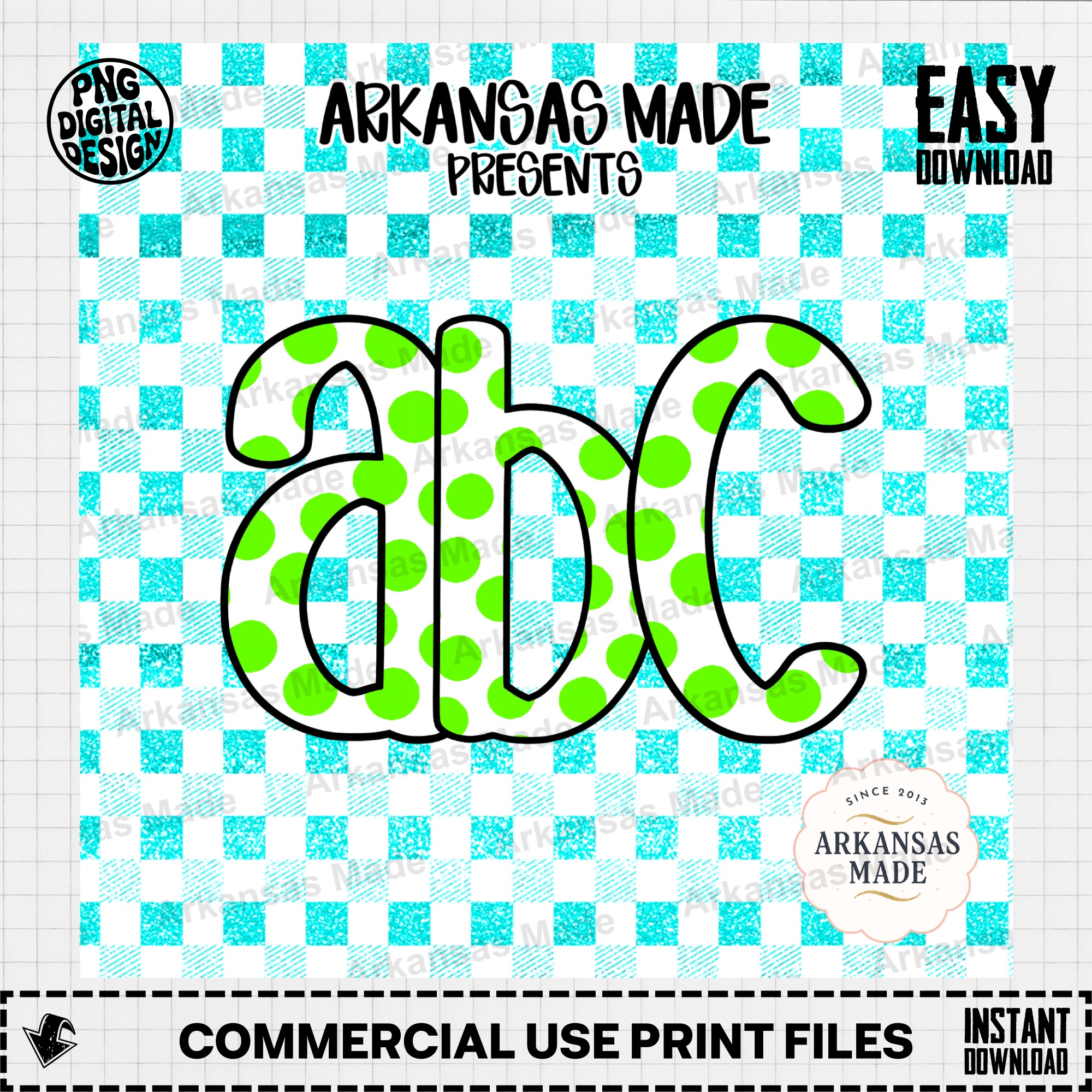 Playful Polka Dot ABC Digital Download Alpha Set - Vibrant Lime Green Polkadots & Faux Teal Glitter Gingham Font - Image 2