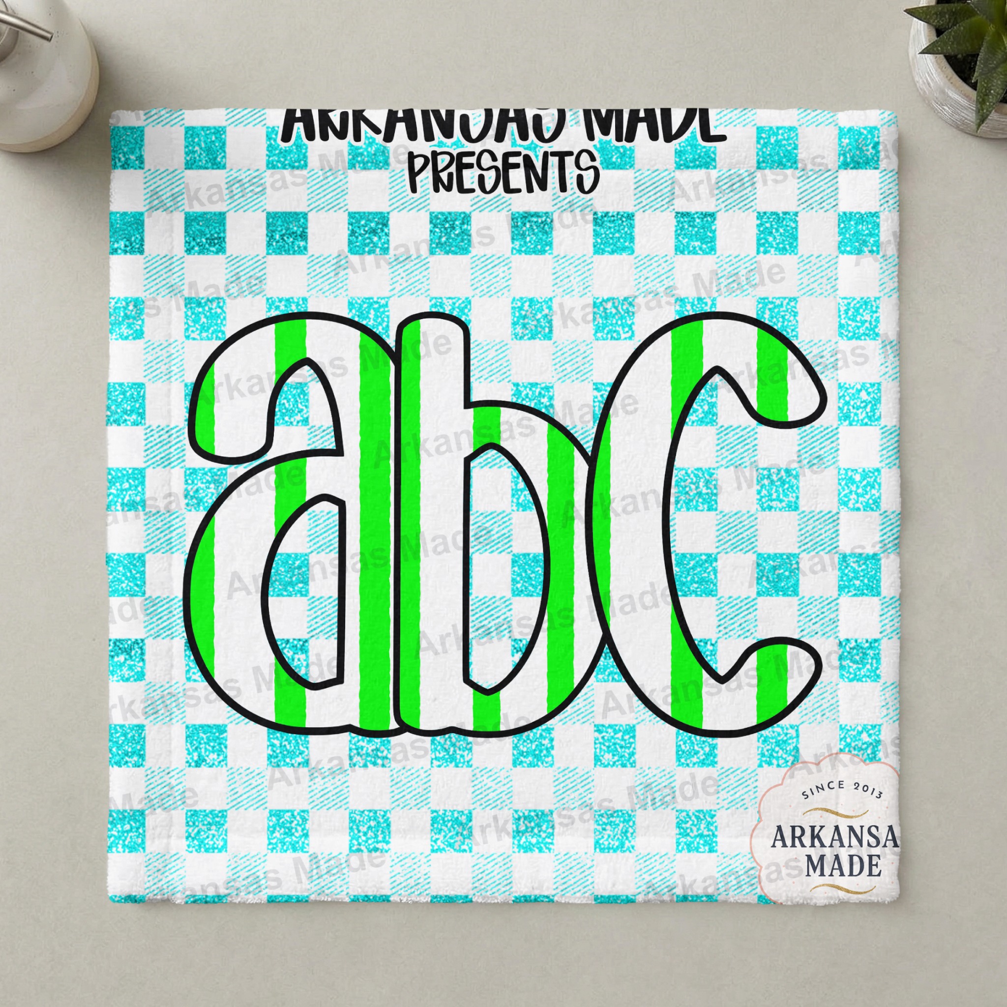 Green Stripe Alphabet Digital Download Alpha Set, Turquoise Gingham Faux Glitter PNG, ABC Clipart for Kids & Teachers - Image 3